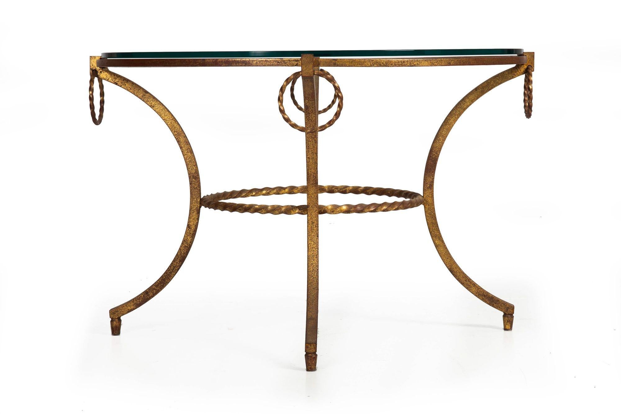 20th Century French Modernist Gilded Wrought-Iron & Glass Coffee Accent Table ca. 1950s For Sale