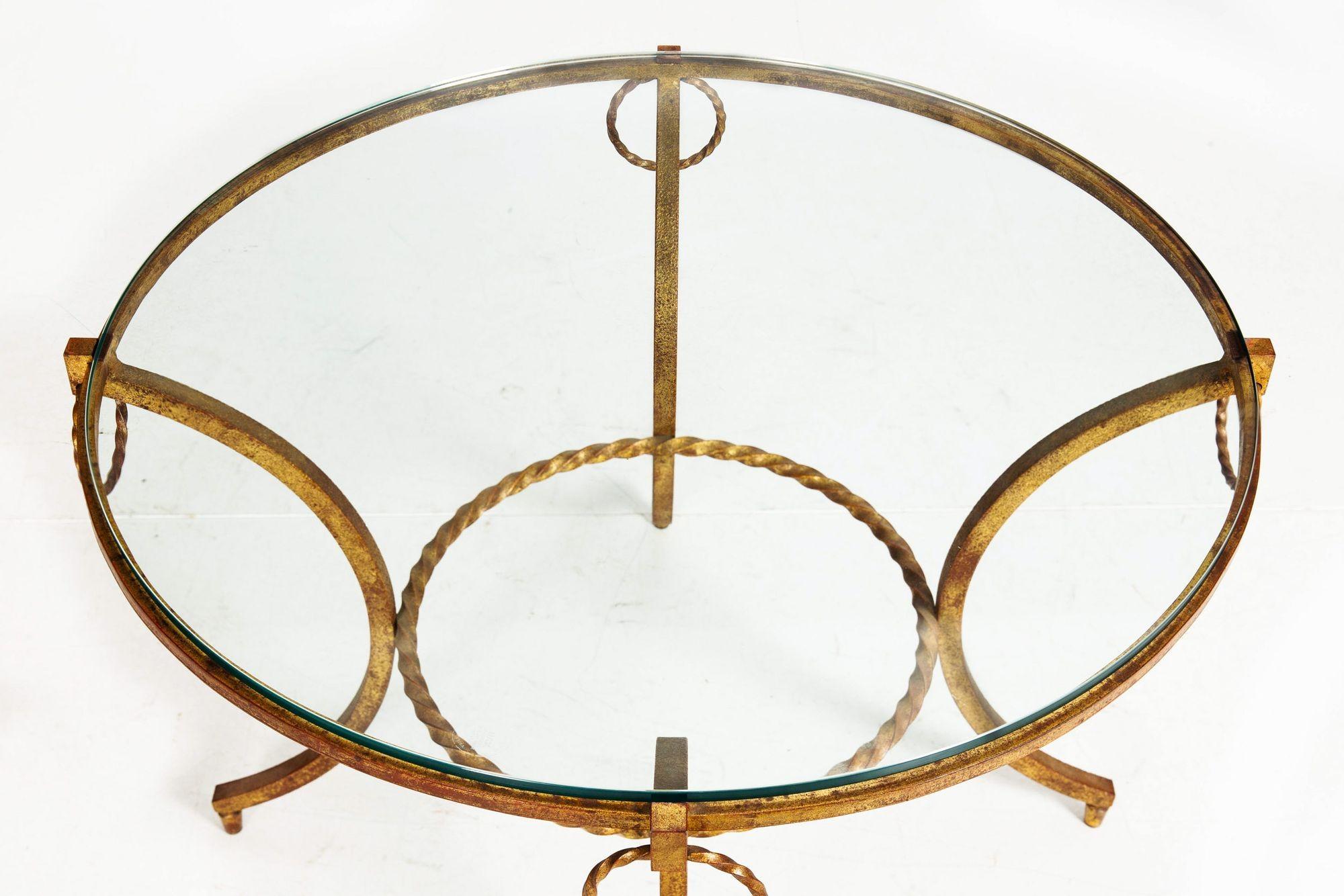 French Modernist Gilded Wrought-Iron & Glass Coffee Accent Table ca. 1950s For Sale 1
