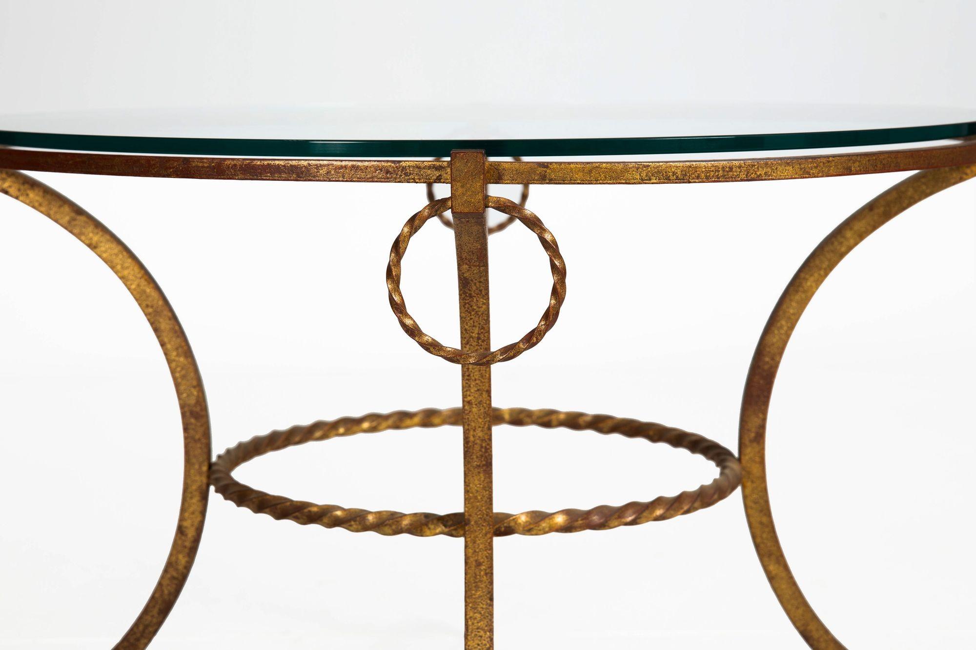 French Modernist Gilded Wrought-Iron & Glass Coffee Accent Table ca. 1950s For Sale 3