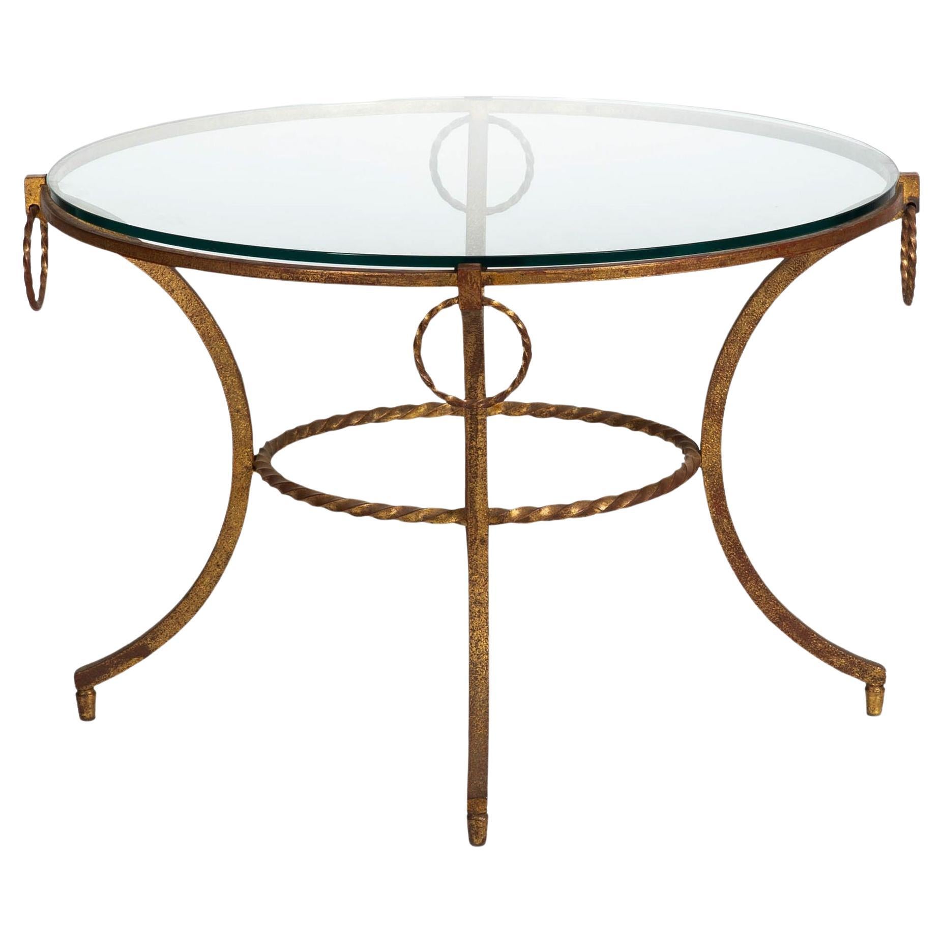 Table d'appoint moderniste française en fer forgé doré et verre ca. 1950s