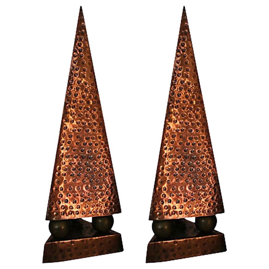 French Modernist Hand-Hammered Copper Obelisks, Pair at 1stDibs