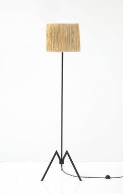 French Modernist Iron Floor Lamp with Raffia Shade, France, c. 1950's
