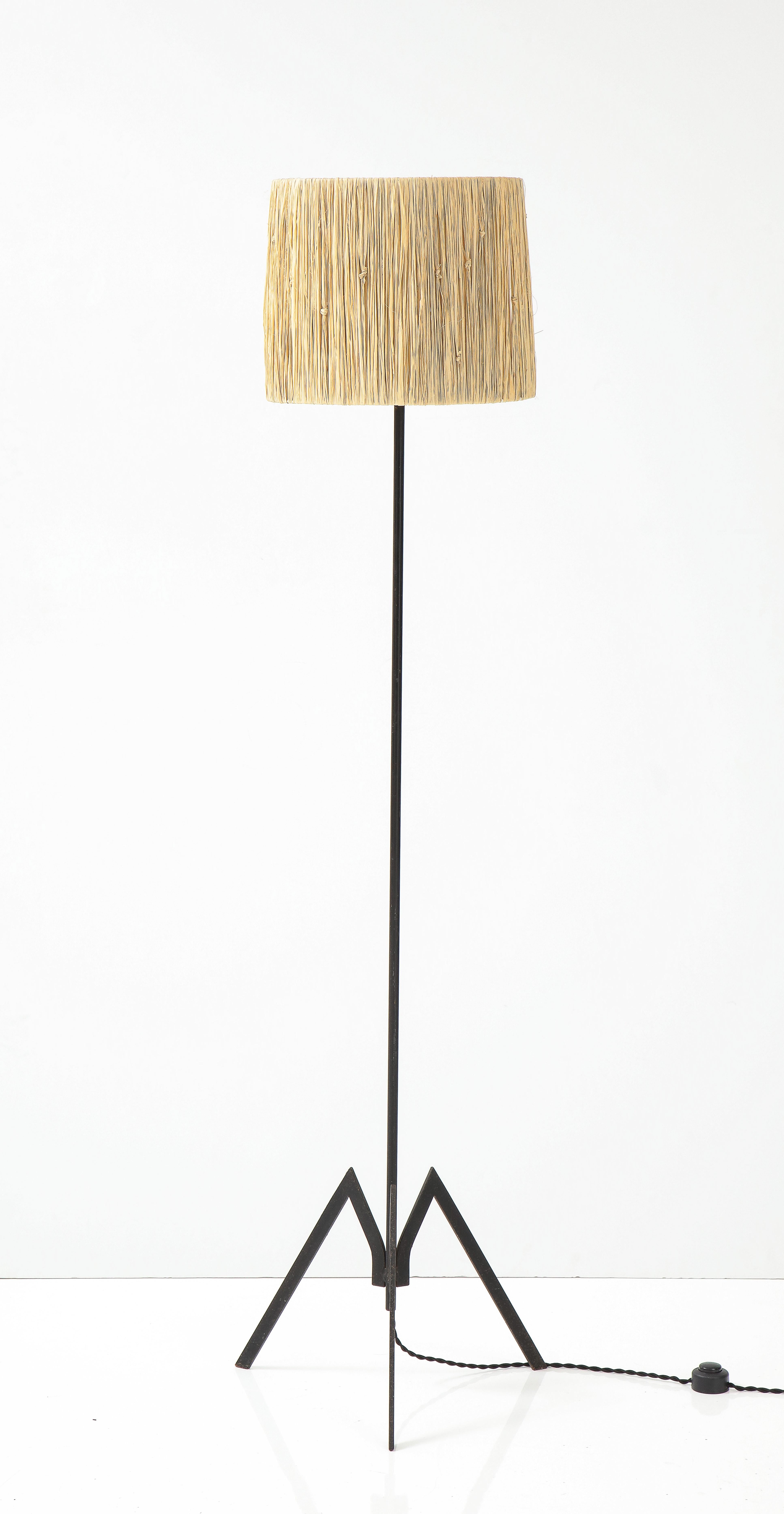 Mid-20th Century French Modernist Iron Floor Lamp with Raffia Shade, France, c. 1950's