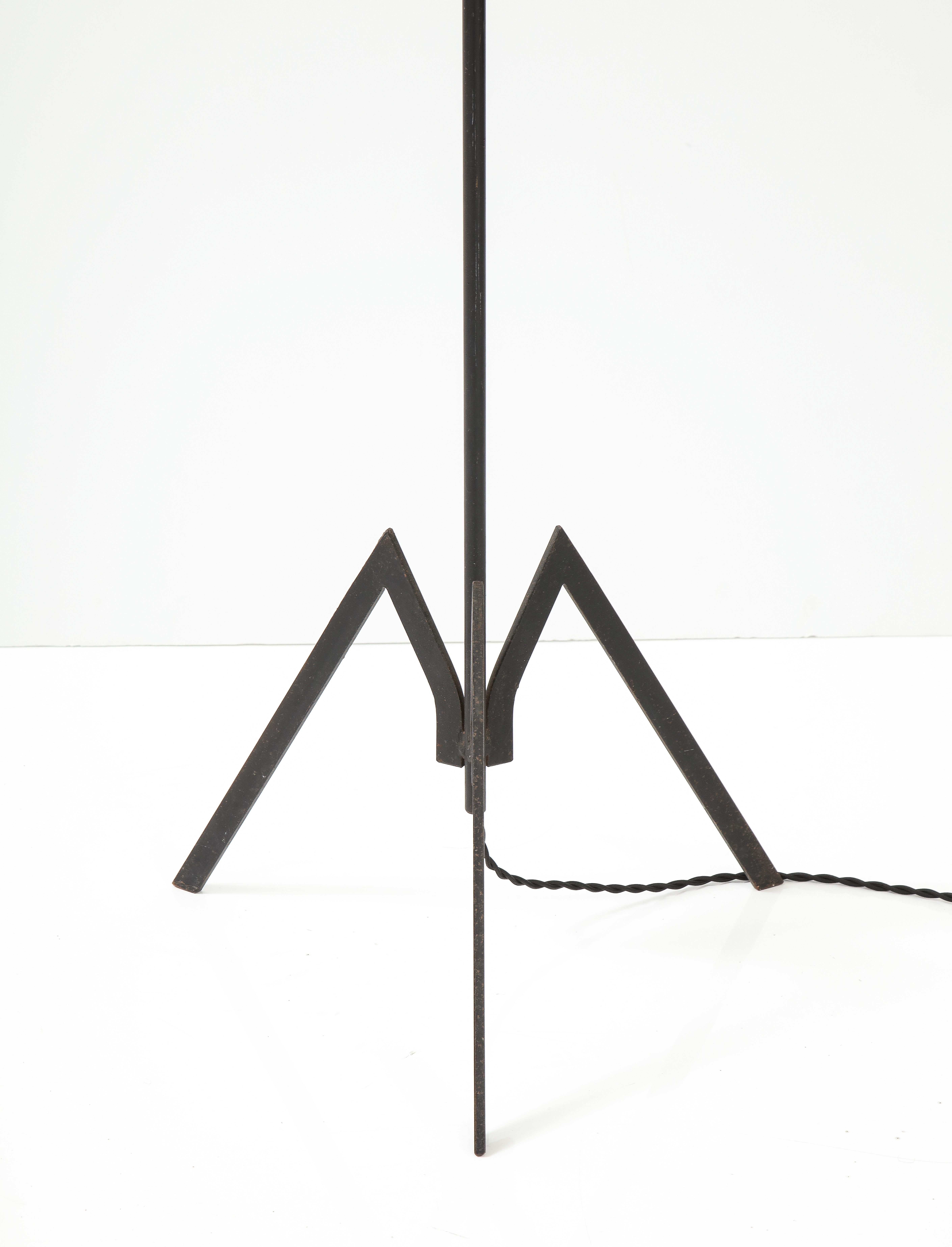 French Modernist Iron Floor Lamp with Raffia Shade, France, c. 1950's 1
