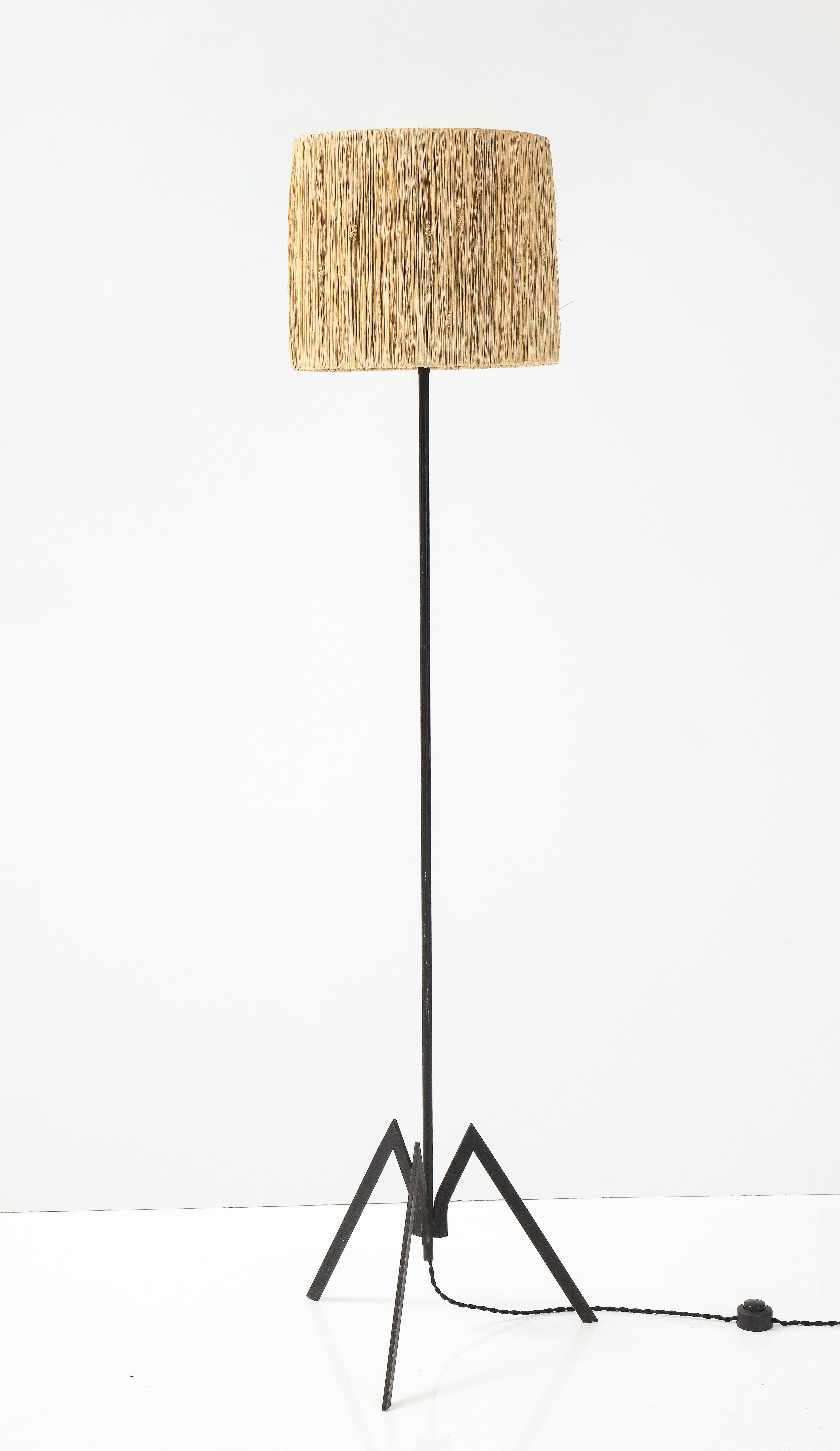 French Modernist Iron Floor Lamp with Raffia Shade, France, c. 1950's 2