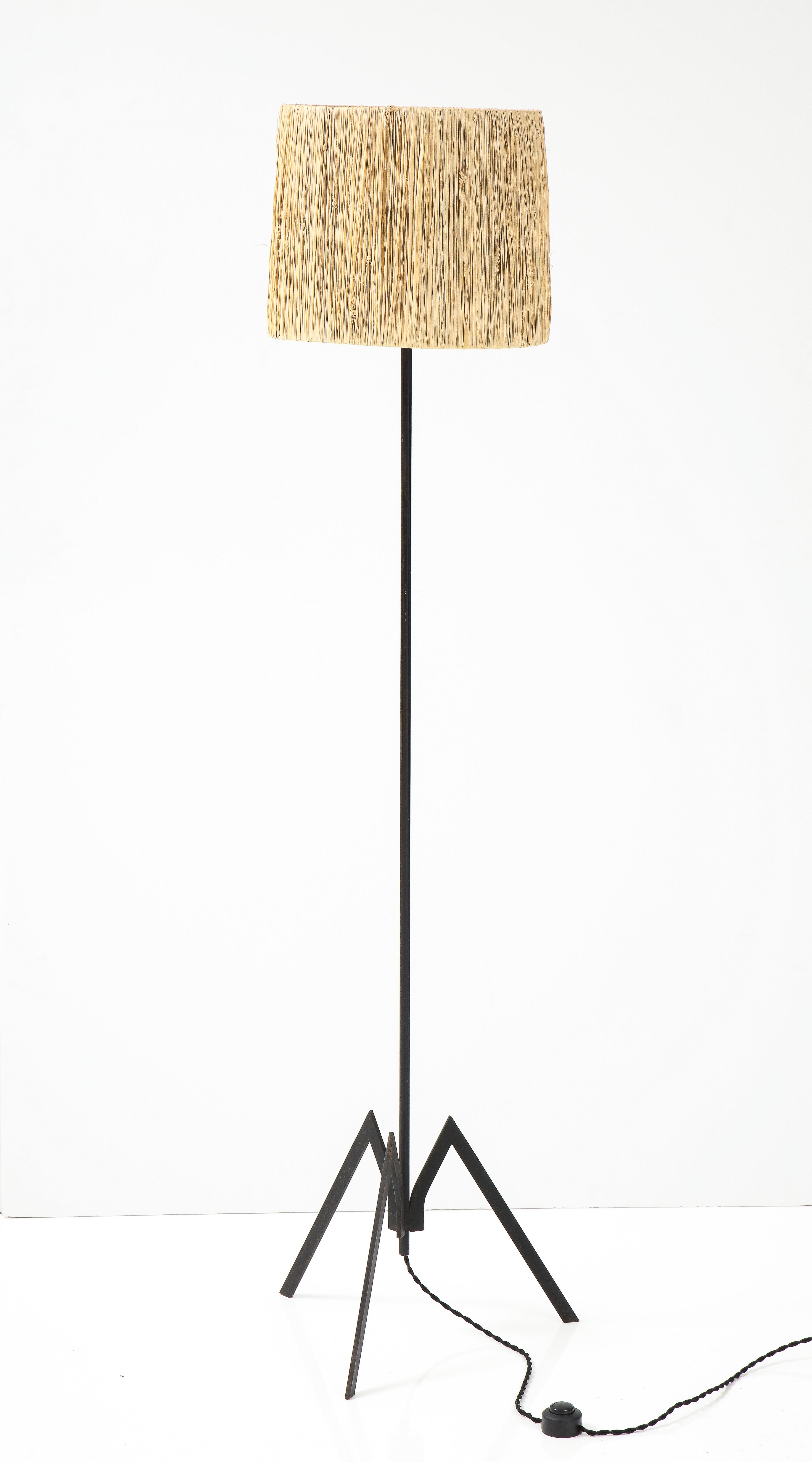 French Modernist Iron Floor Lamp with Raffia Shade, France, c. 1950's 4