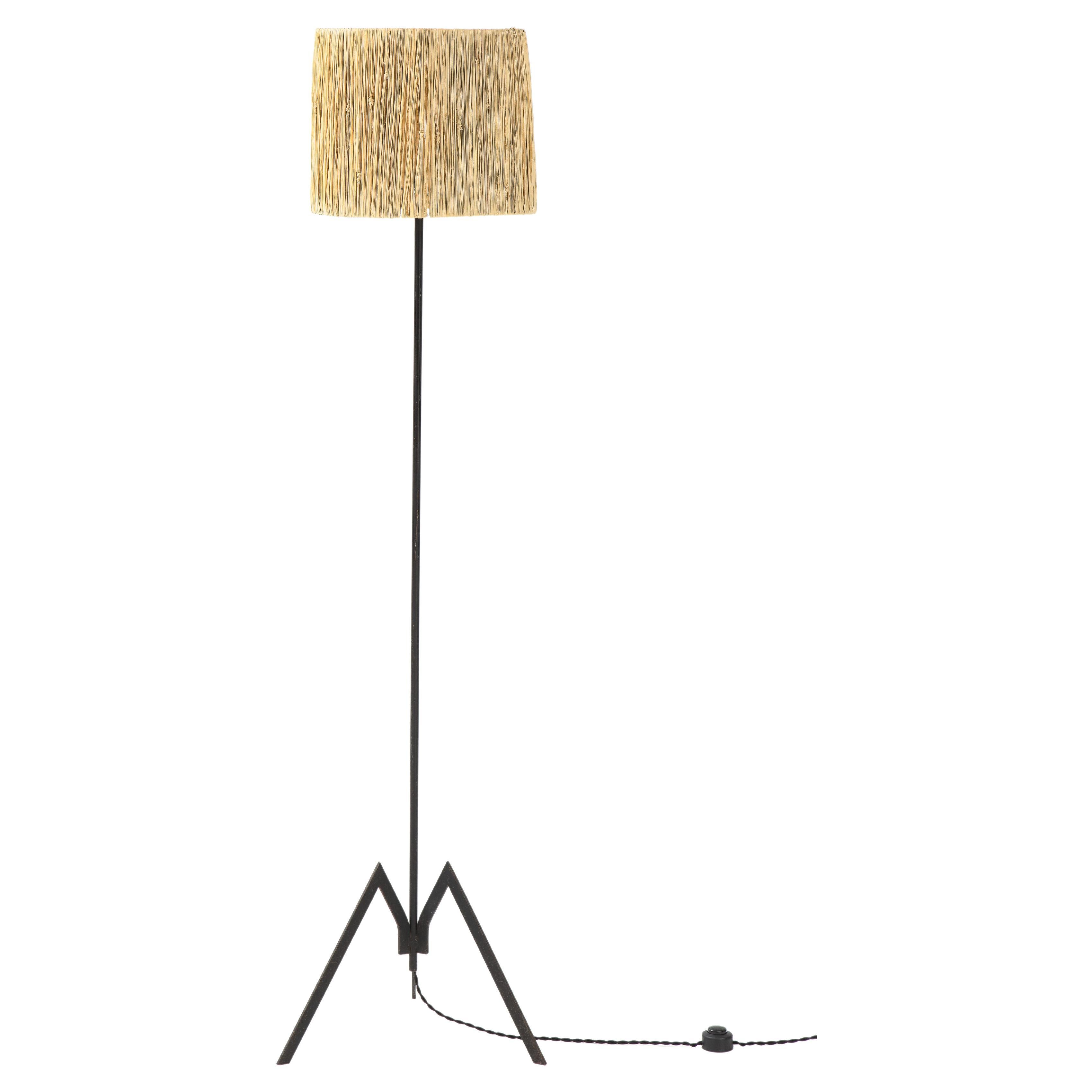 French Modernist Iron Floor Lamp with Raffia Shade, France, c. 1950's