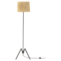 French Modernist Iron Floor Lamp with Raffia Shade, France, c. 1950's