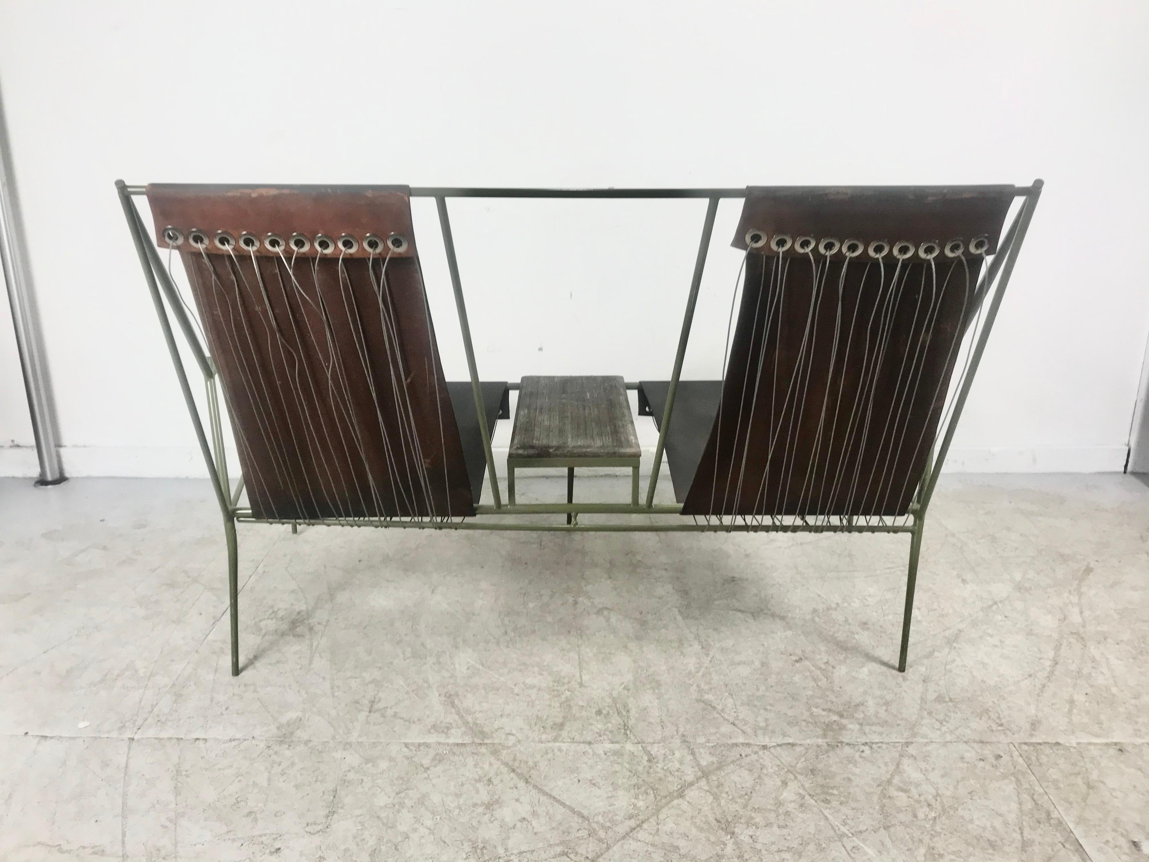 French Modernist Iron / Leather Two-Seat Sling Seating, After Jacques Adnet For Sale 4