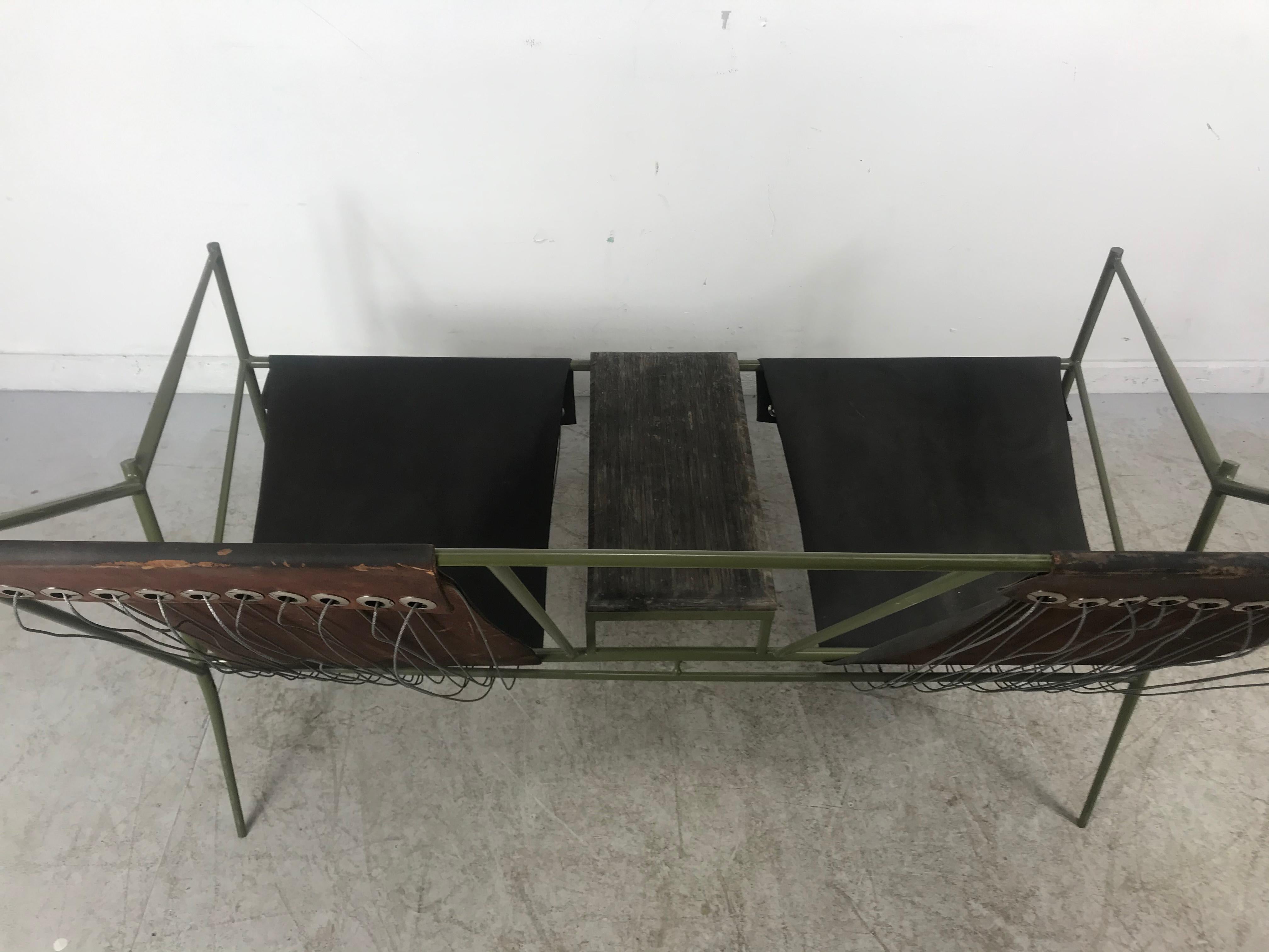 French Modernist Iron / Leather Two-Seat Sling Seating, After Jacques Adnet For Sale 5