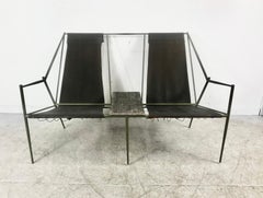 French Modernist Iron / Leather Two-Seat Sling Seating, After Jacques Adnet