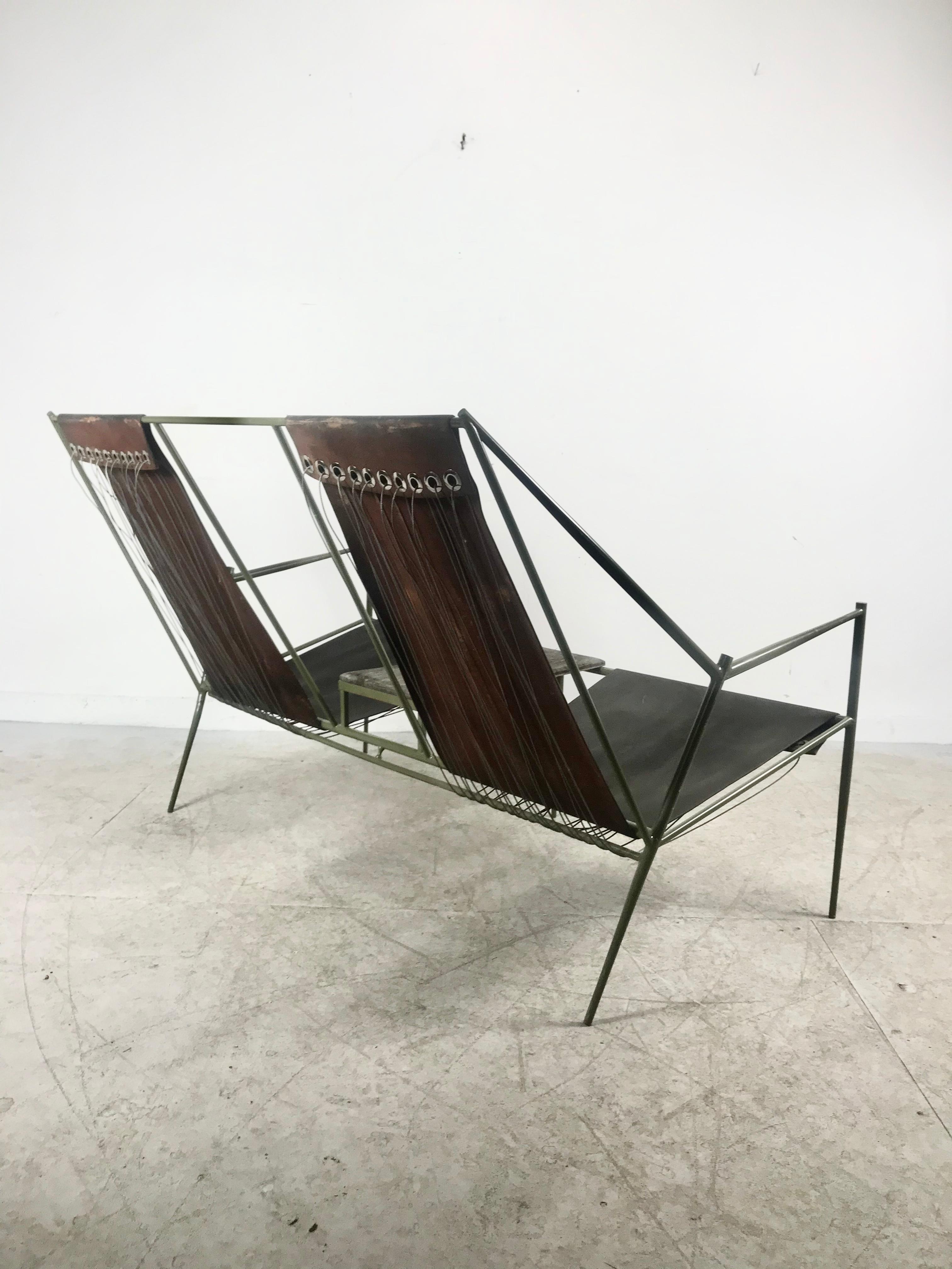 Mid-Century Modern French Modernist Iron / Leather Two-Seat Sling Seating, After Jacques Adnet For Sale