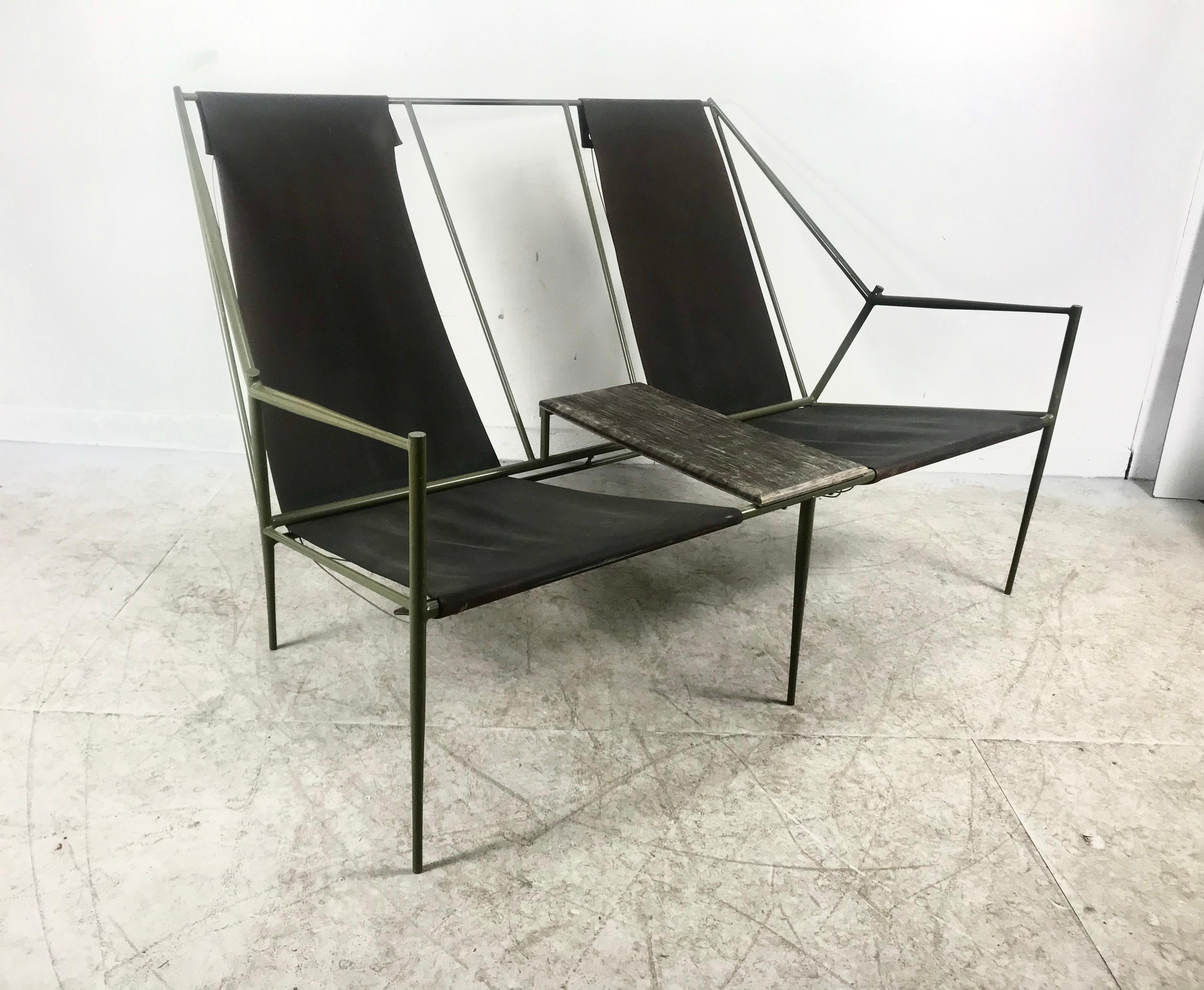 Painted French Modernist Iron / Leather Two-Seat Sling Seating, After Jacques Adnet For Sale
