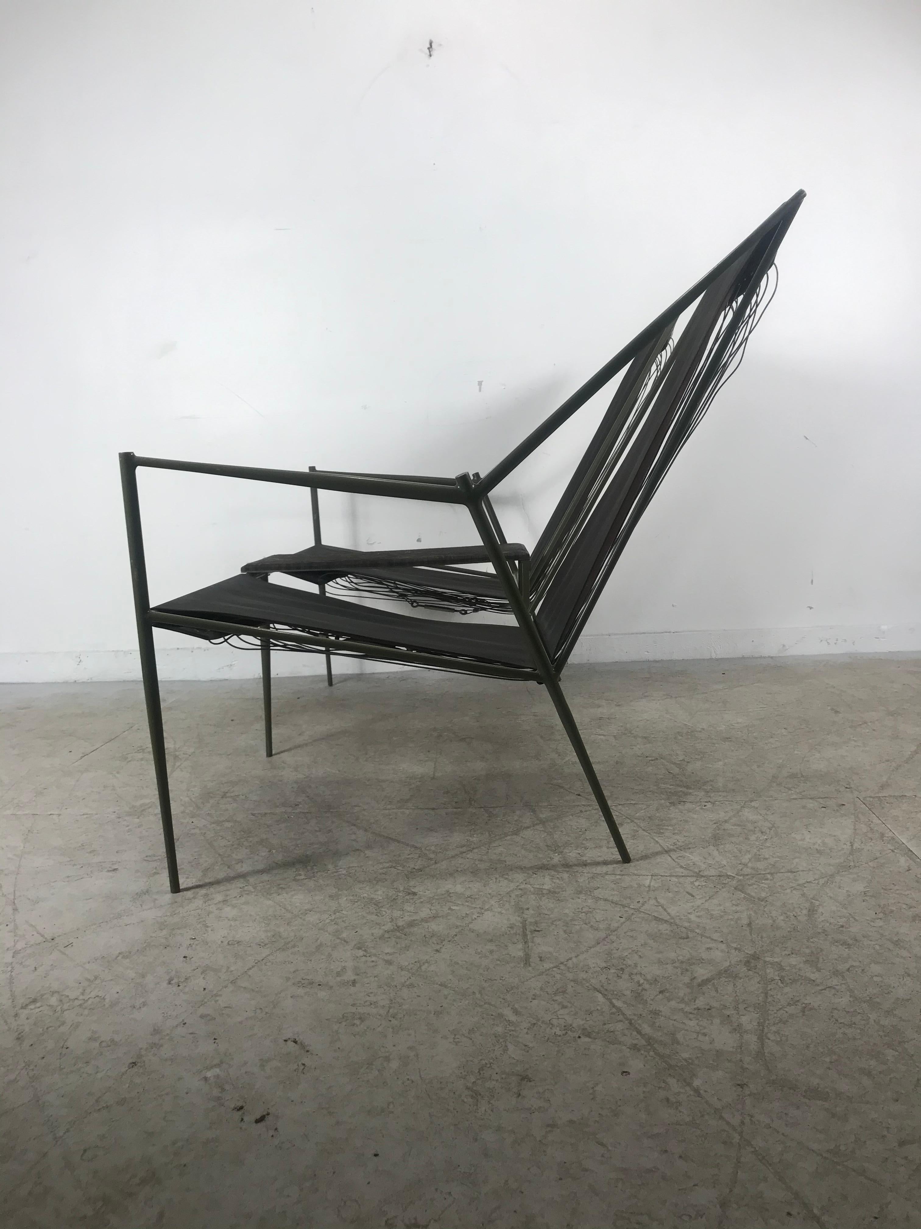 Mid-20th Century French Modernist Iron / Leather Two-Seat Sling Seating, After Jacques Adnet For Sale