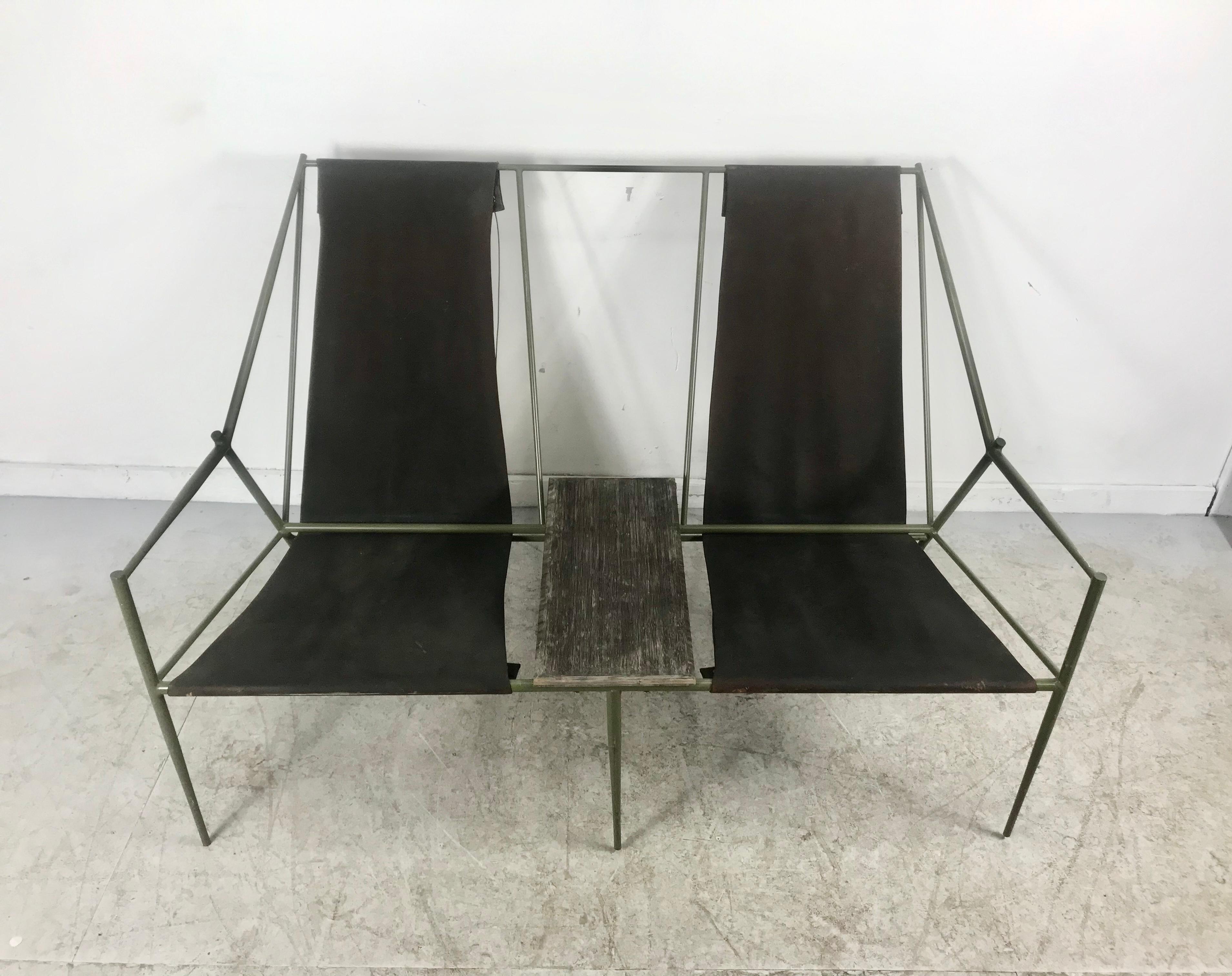 Wood French Modernist Iron / Leather Two-Seat Sling Seating, After Jacques Adnet For Sale