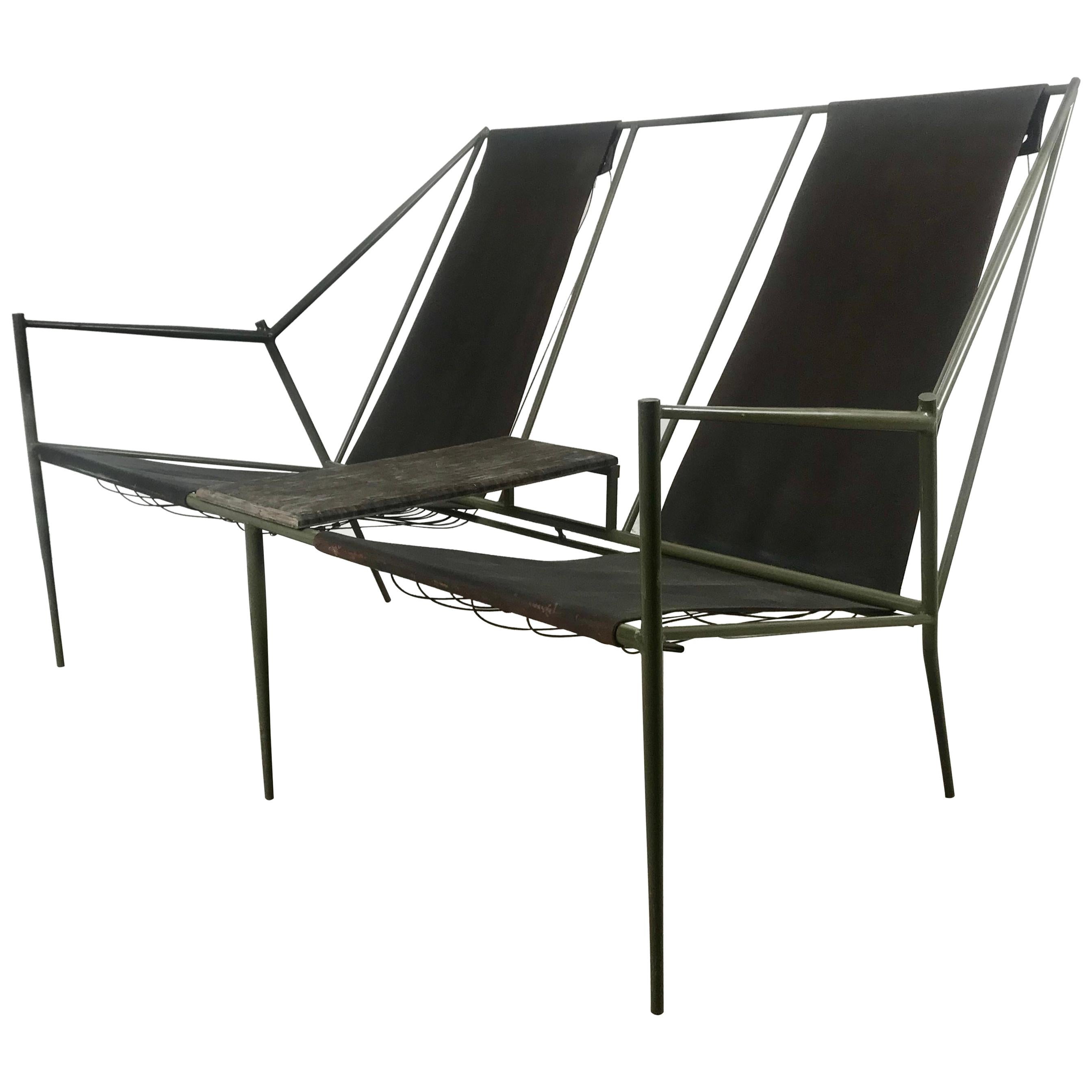 French Modernist Iron / Leather Two-Seat Sling Seating, After Jacques Adnet For Sale