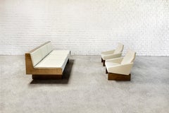 French Modernist Living Room Sofa Set In White Leather, 1950's