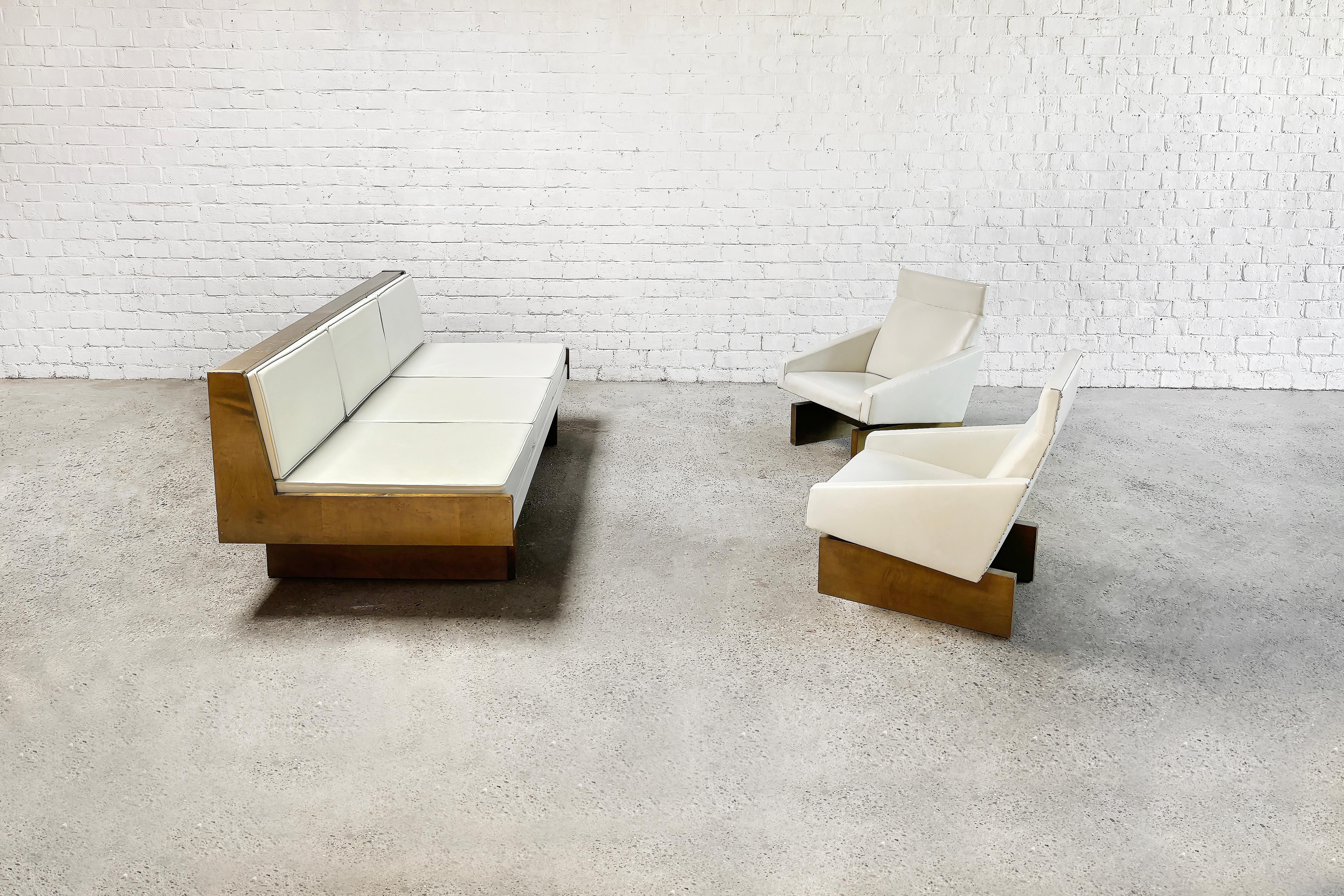 Mid-Century Modern French Modernist Living Room Sofa Set In White Leather, 1950's For Sale