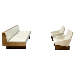French Modernist Living Room Sofa Set In White Leather, 1950's
