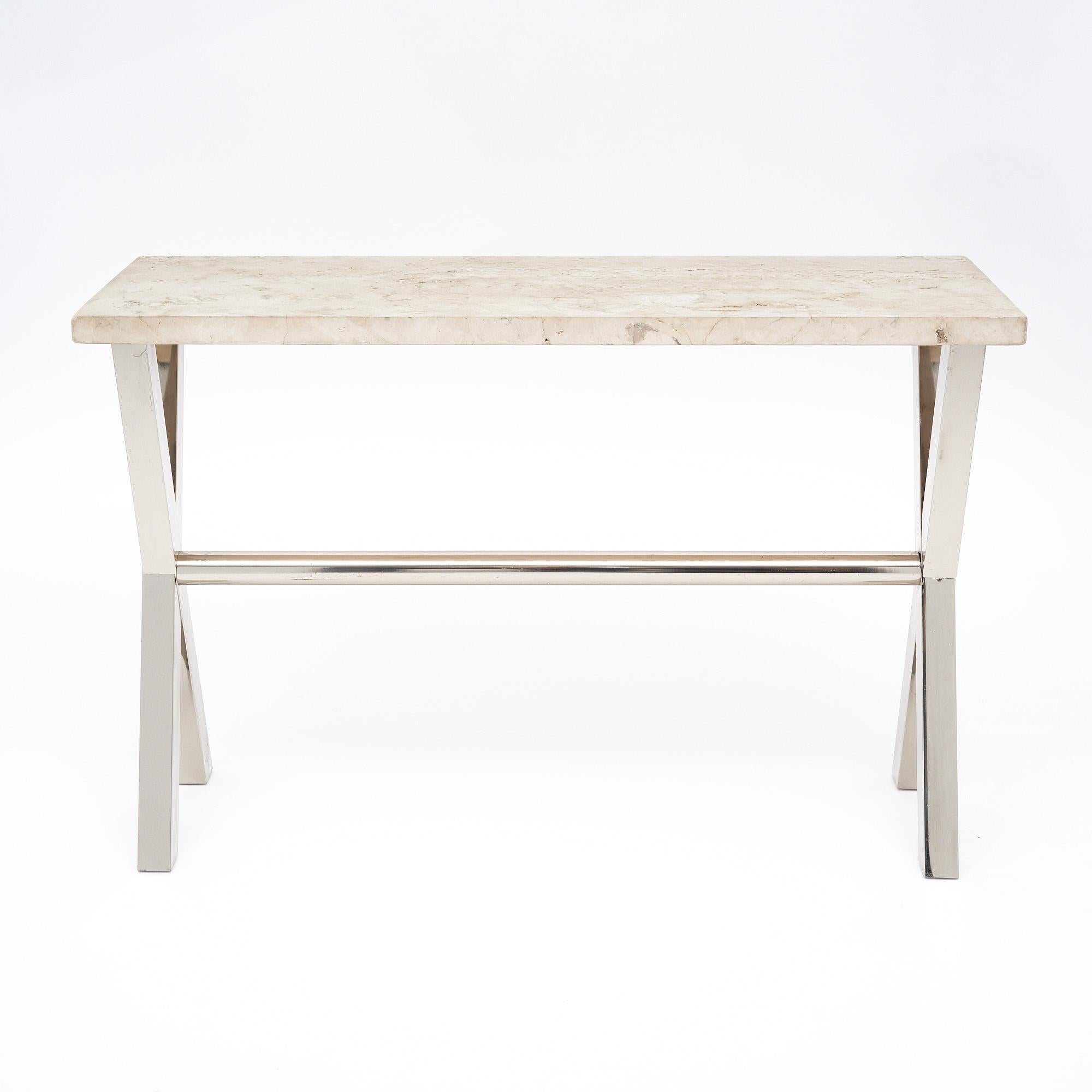 Metal French Modernist Marble Console Table For Sale