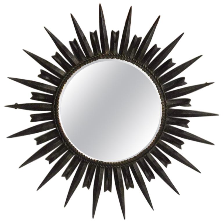 French Modernist Metal Sunburst Mirror For Sale