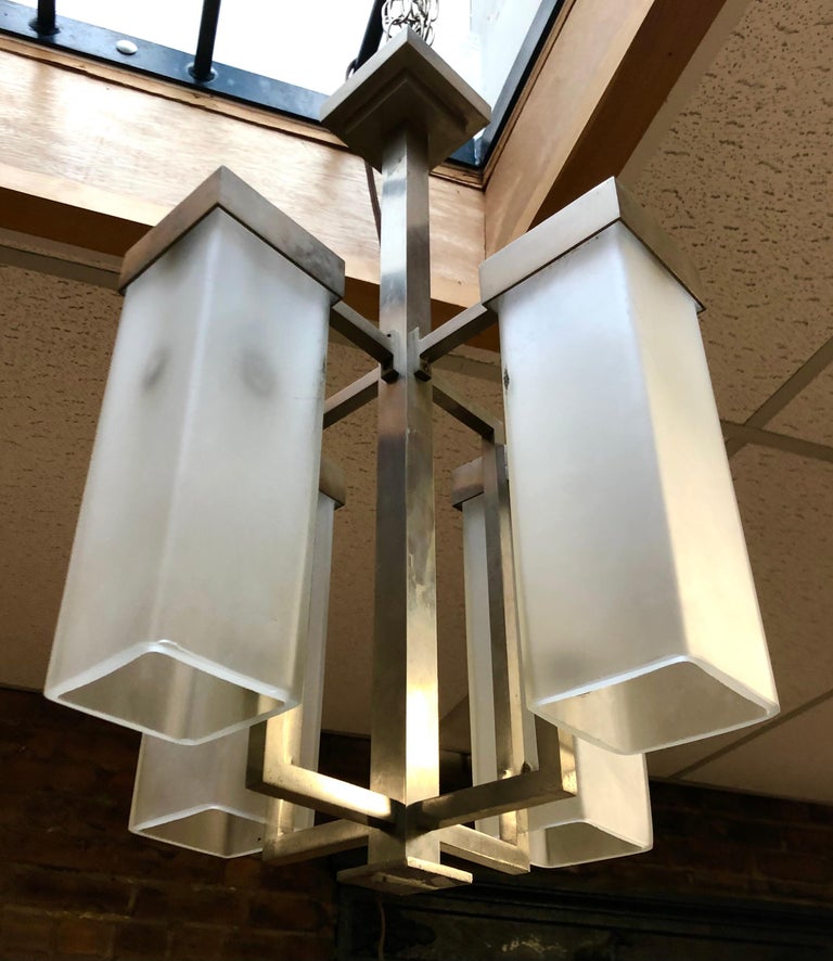 Early 20th Century French Modernist Nickel Bronze and Frosted Glass Chandelier For Sale