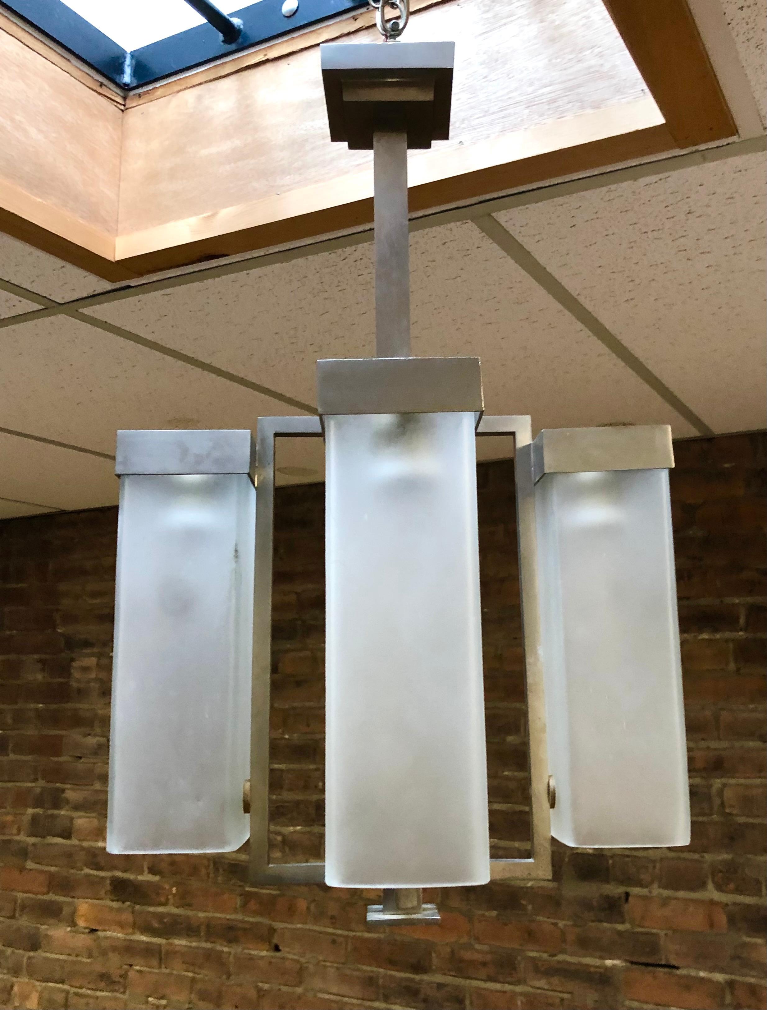French Modernist Nickel Bronze and Frosted Glass Chandelier For Sale 1