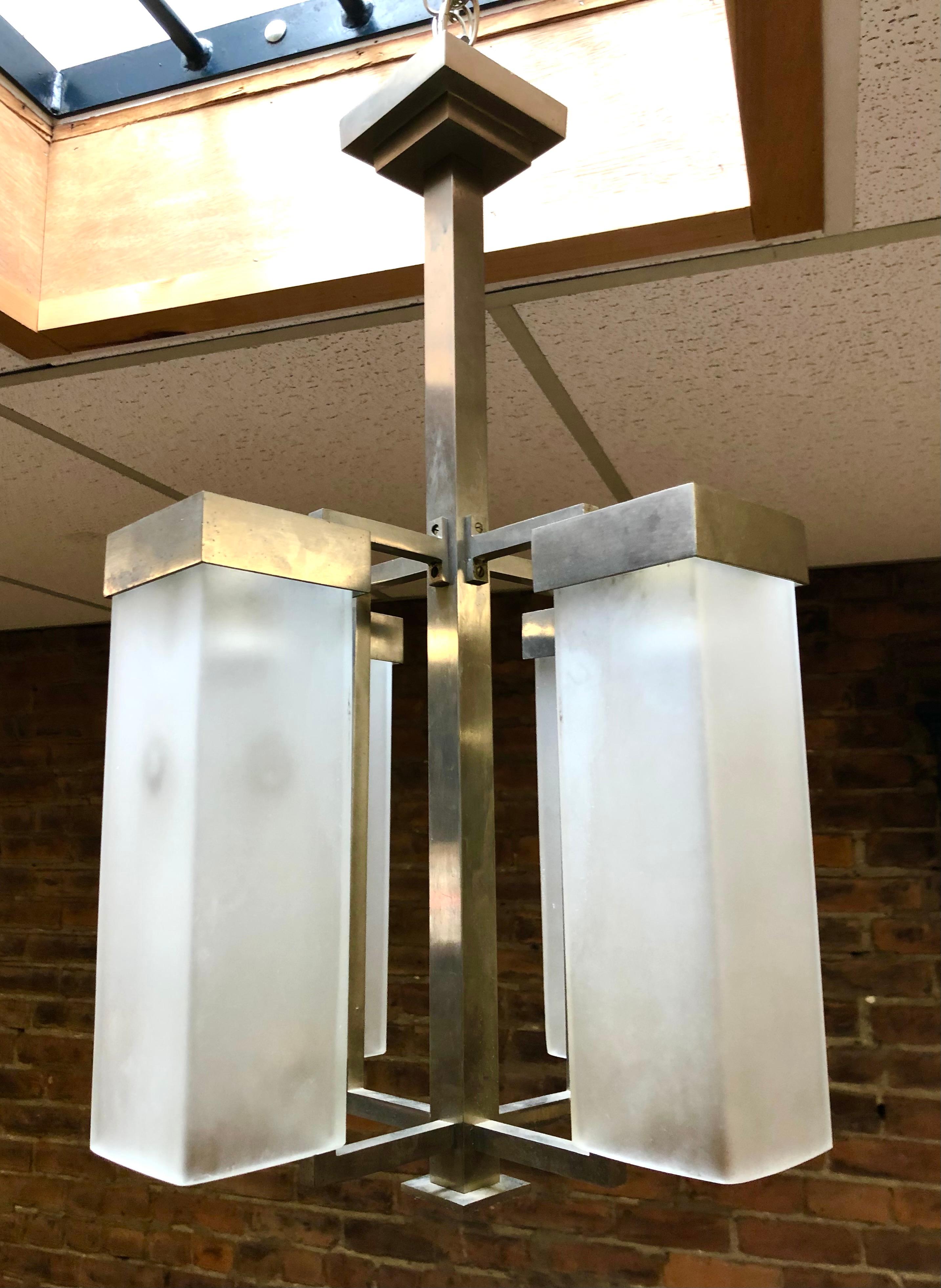 French Modernist Nickel Bronze and Frosted Glass Chandelier For Sale 3