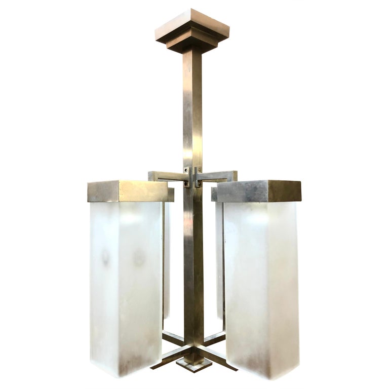 French Modernist Nickel Bronze and Frosted Glass Chandelier For Sale
