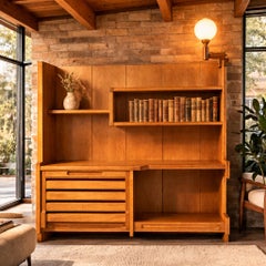 French Modernist Oak Bar Cabinet Bookshelf by Guillerme and Chambron