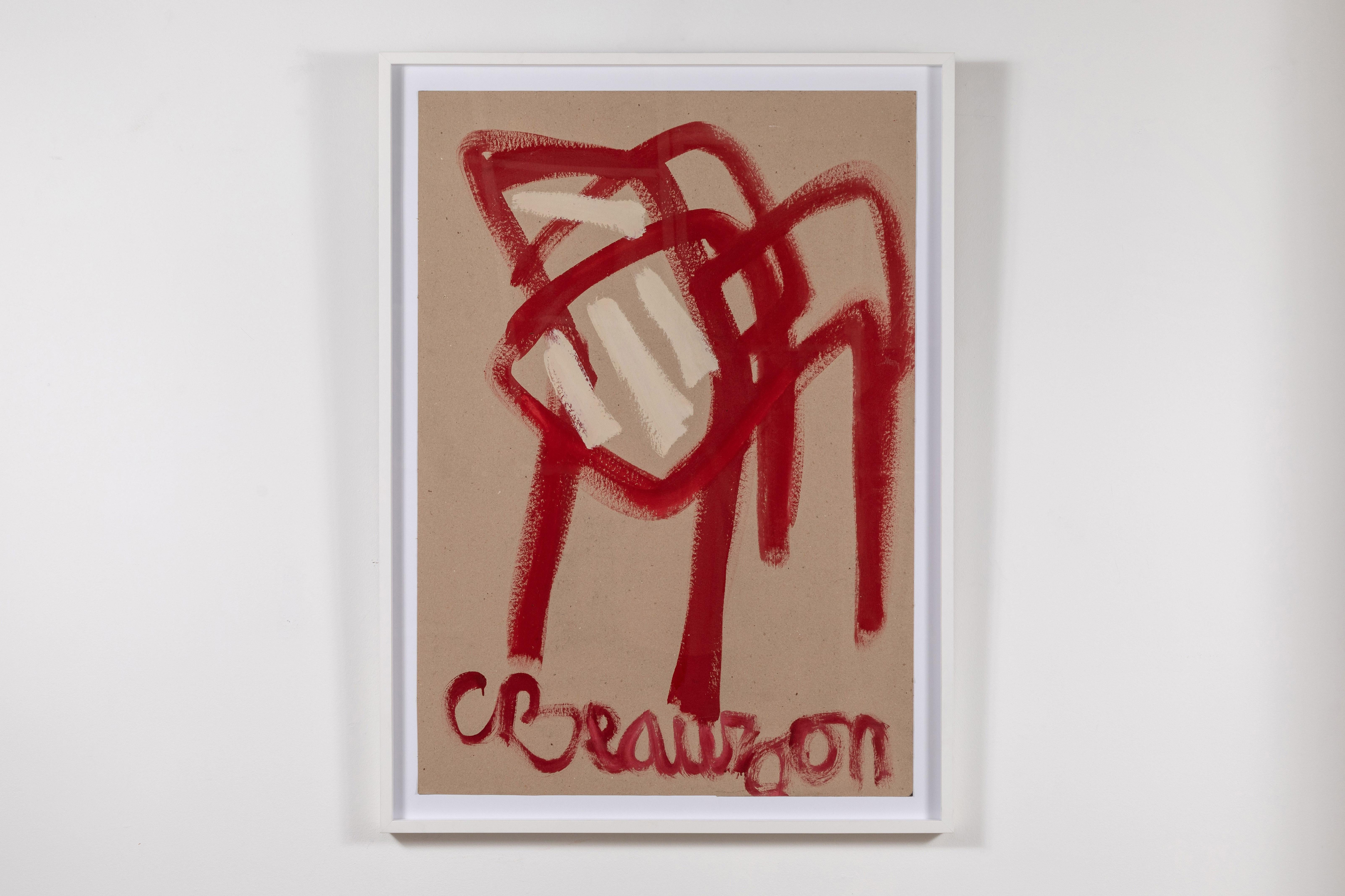 White framed white painting of a red chair by French Artist, Beauzon.
