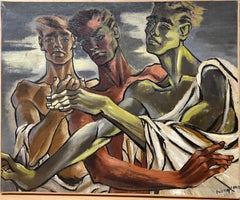 1950's French Modernist Cubist Signed Oil - Three Muscular Semi Nude Men Robes