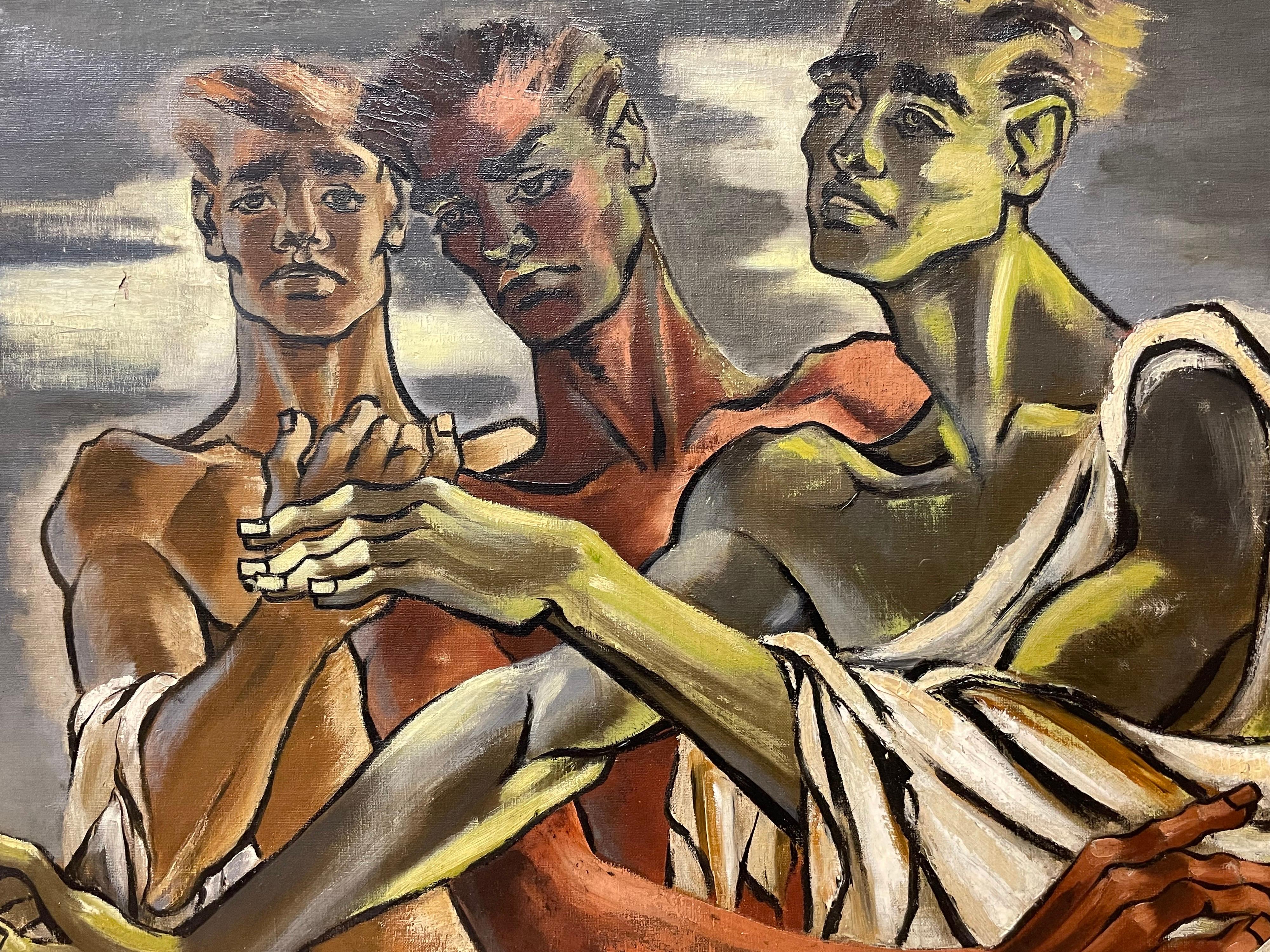 1950's French Modernist Cubist Signed Oil - Three Muscular Semi Nude Men Robes - Brown Figurative Painting by French modernist