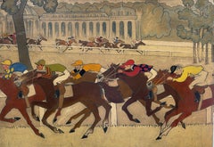 Very Large Mid 20th Century French Oil Horse Racing at Chantilly Humerous Style