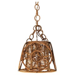 French Modernist Rattan Conical Pendant Light / Hanging Lamp with Circles Detail