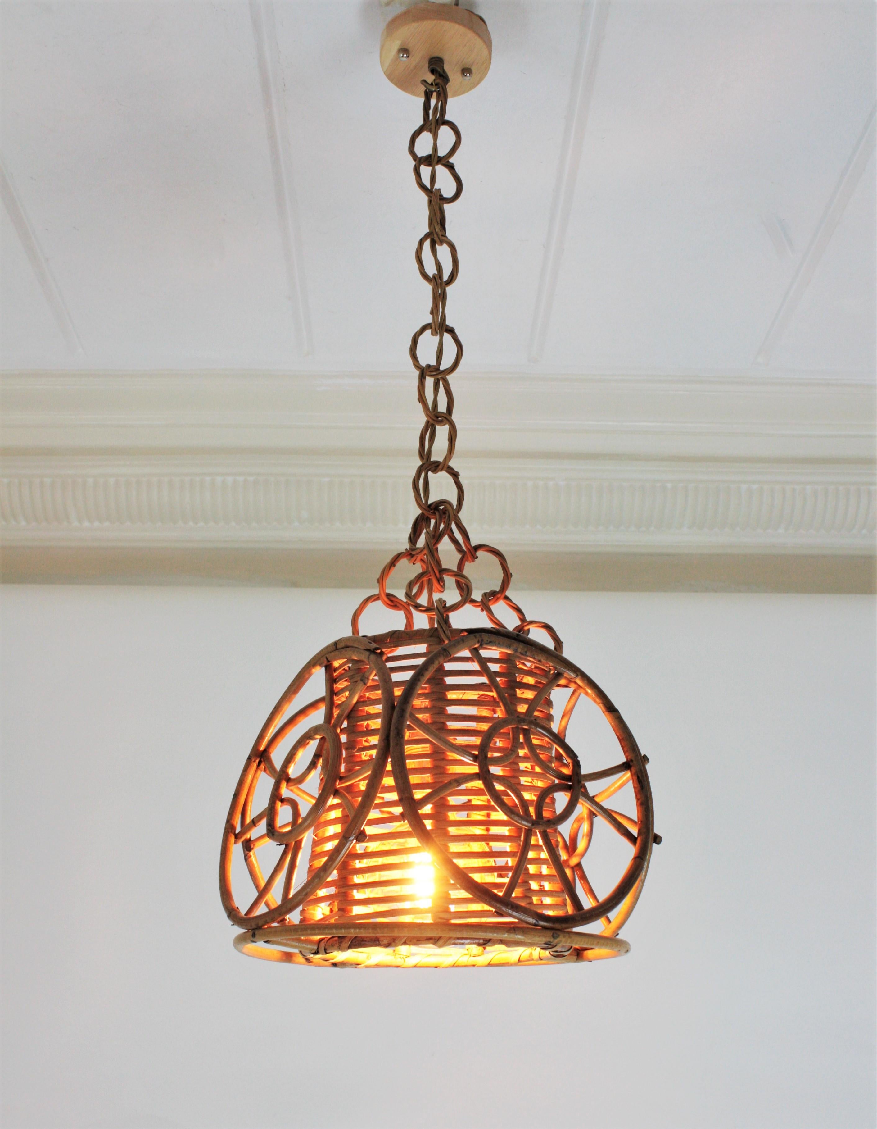 Hand-Crafted French Modernist Rattan Pendant Hanging Lamp with Circle Decorations For Sale