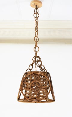 French Modernist Rattan Conical Pendant Light / Hanging Lamp with Circles Detail