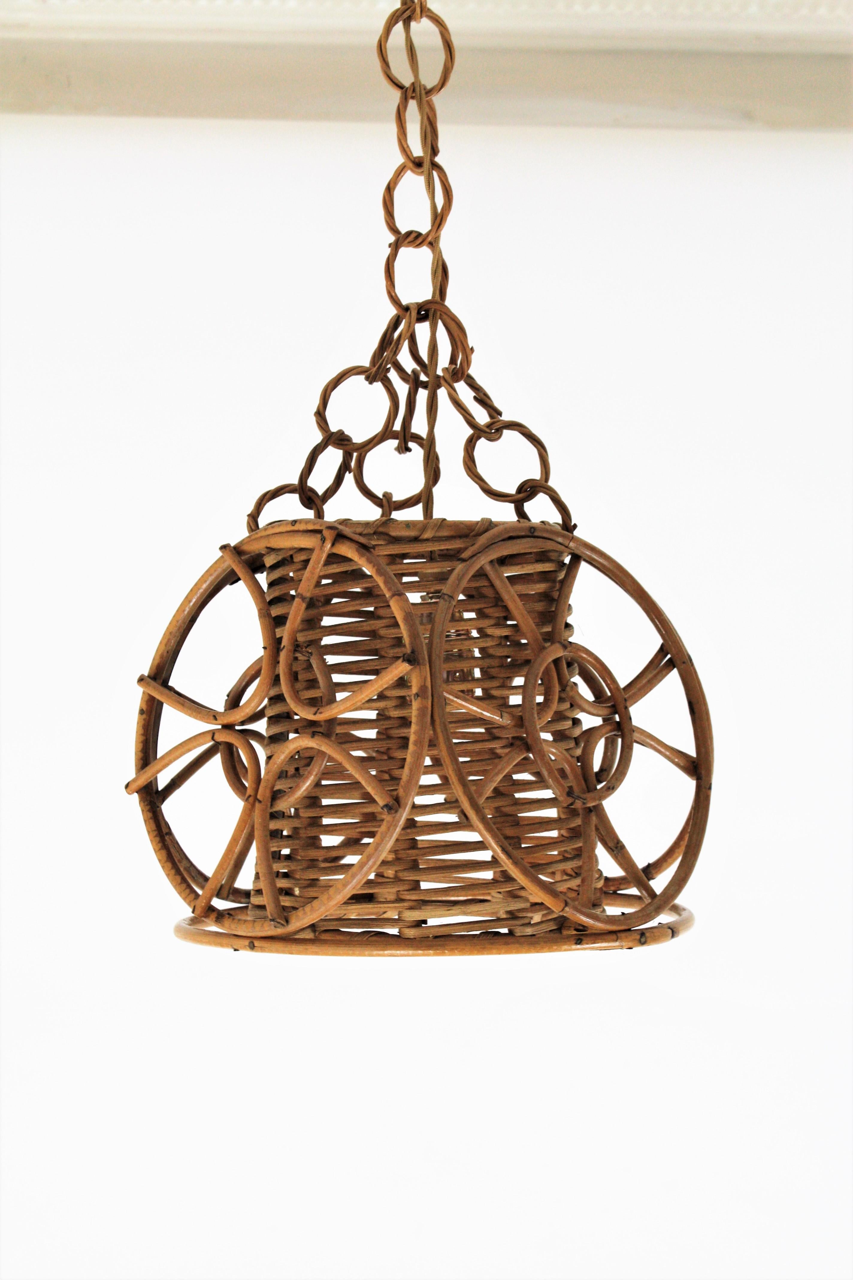 Wicker French Modernist Rattan Pendant Hanging Lamp with Circle Decorations For Sale