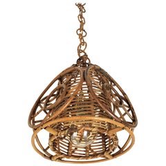 French Modernist Rattan Pendant Hanging Lamp with Circle Decorations