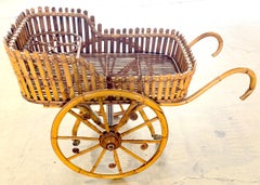 French Modernist Rattan Bar or Flower Cart with Bottle Holders