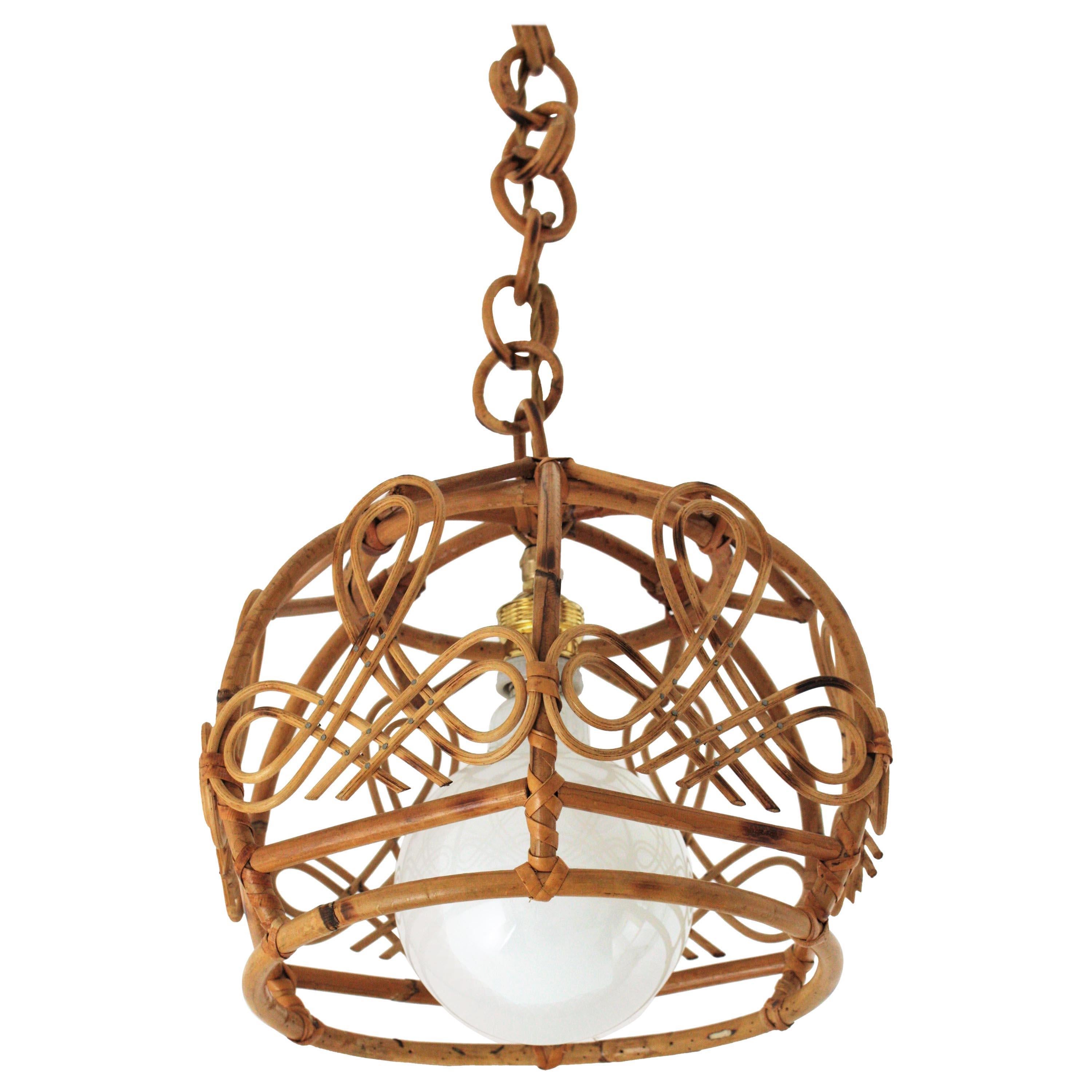 French Modernist Rattan Bell Pendant Lamp Hanging Light with