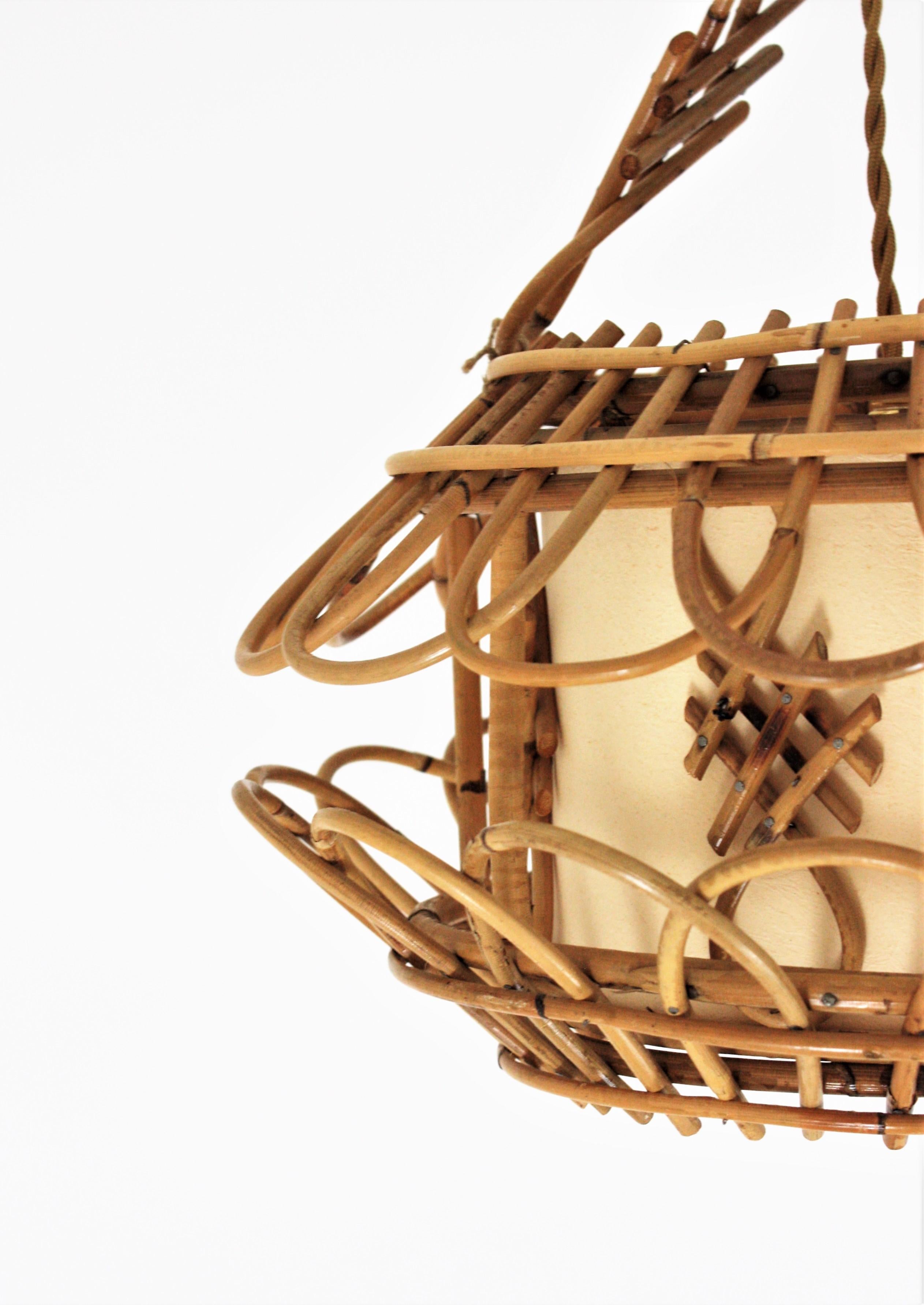 French Modernist Rattan Pagoda Pendant Lamp or Lantern with Chinoiserie Accents 5