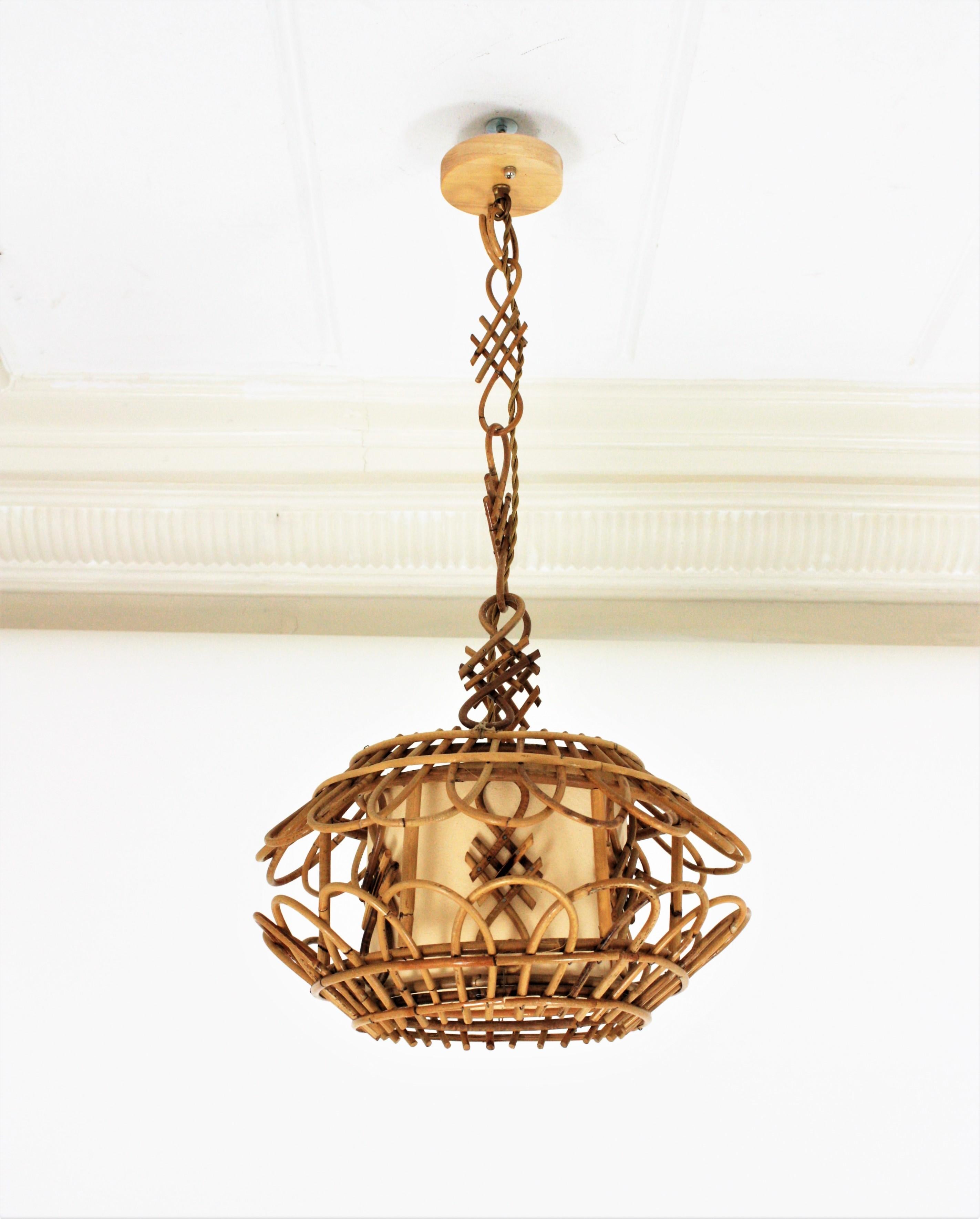 French Modernist Rattan Pagoda Pendant Lamp or Lantern with Chinoiserie Accents 6