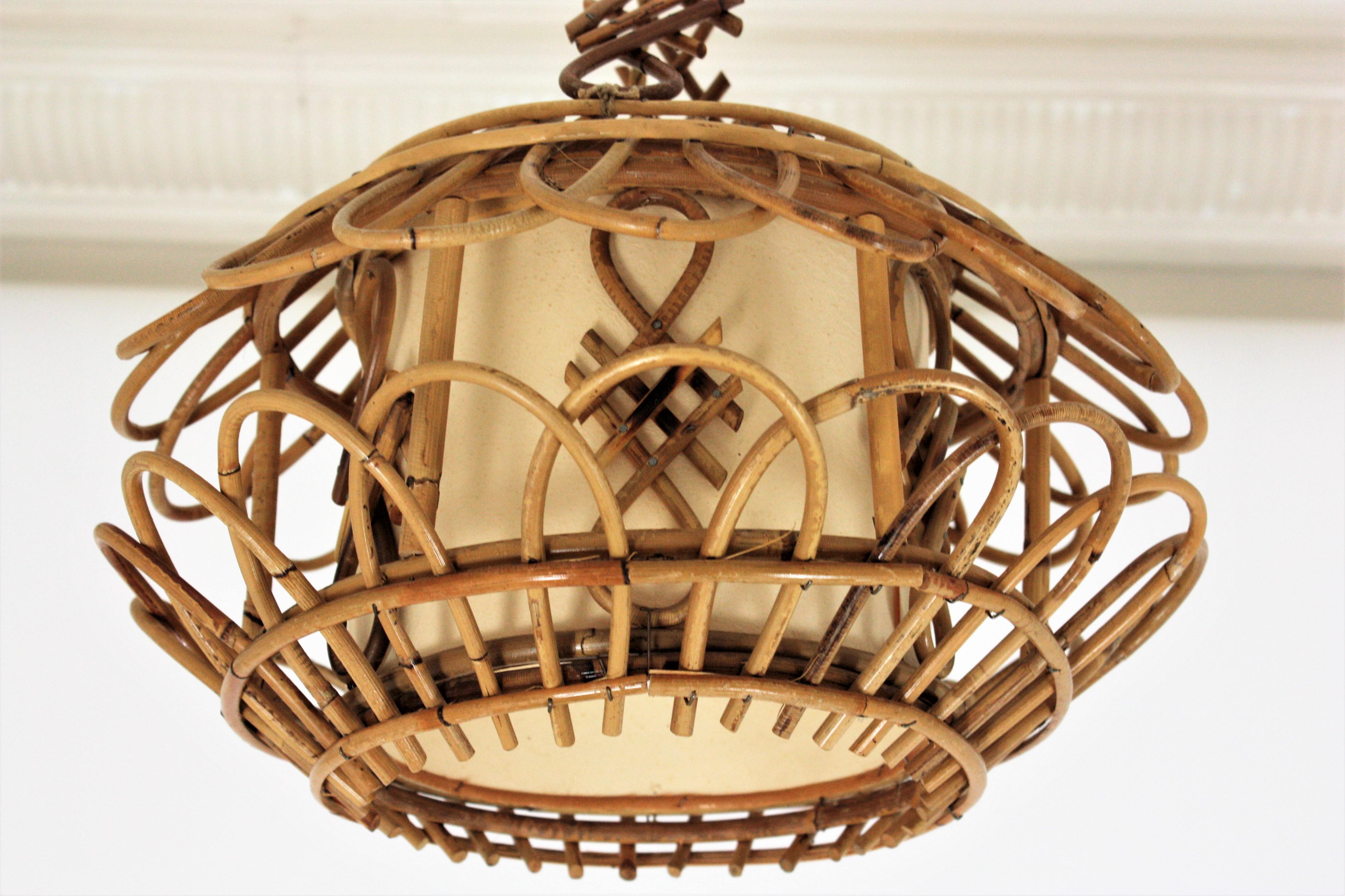 French Modernist Rattan Pagoda Pendant Lamp or Lantern with Chinoiserie Accents 7