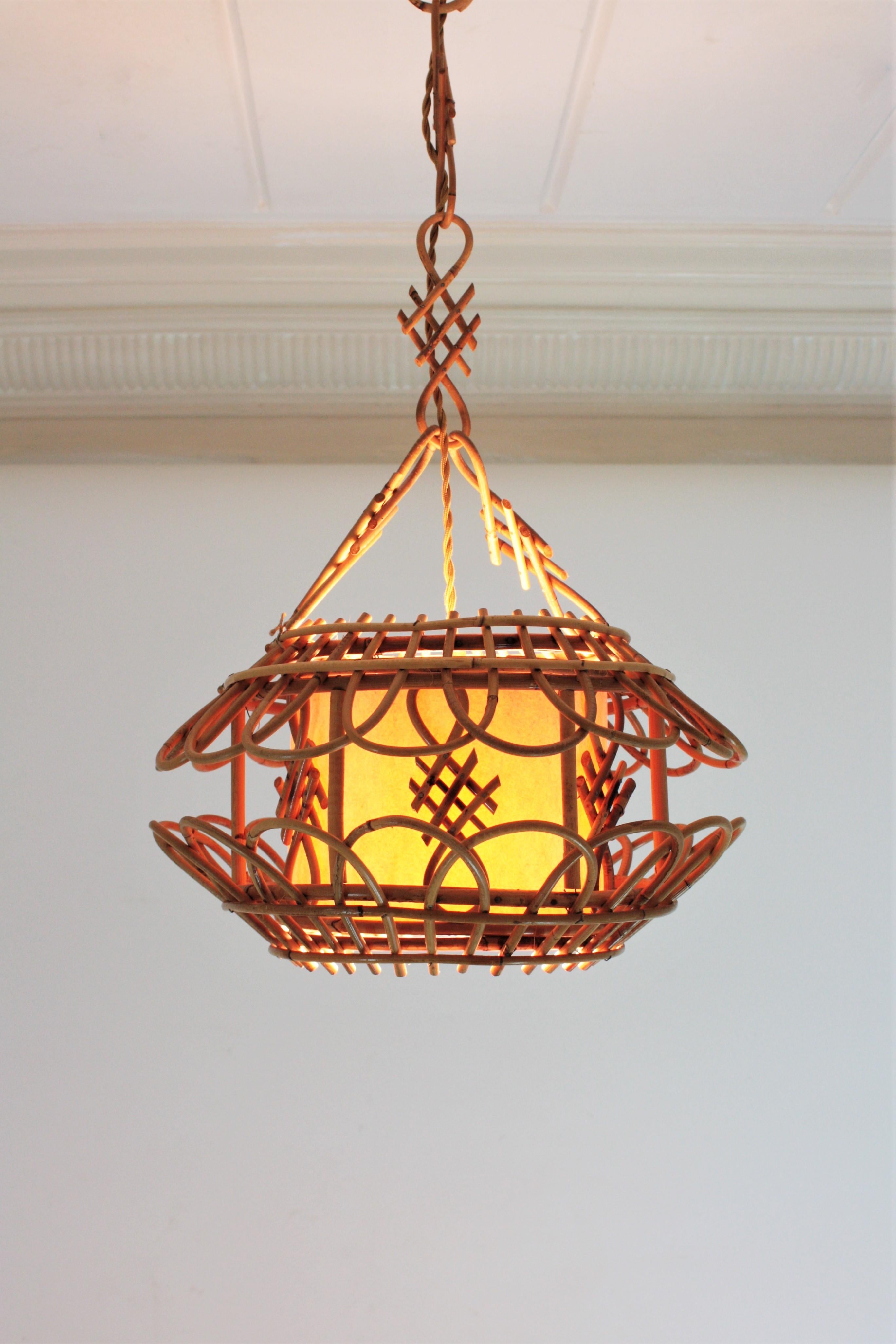 French Modernist Rattan Pagoda Pendant Lamp or Lantern with Chinoiserie Accents 12
