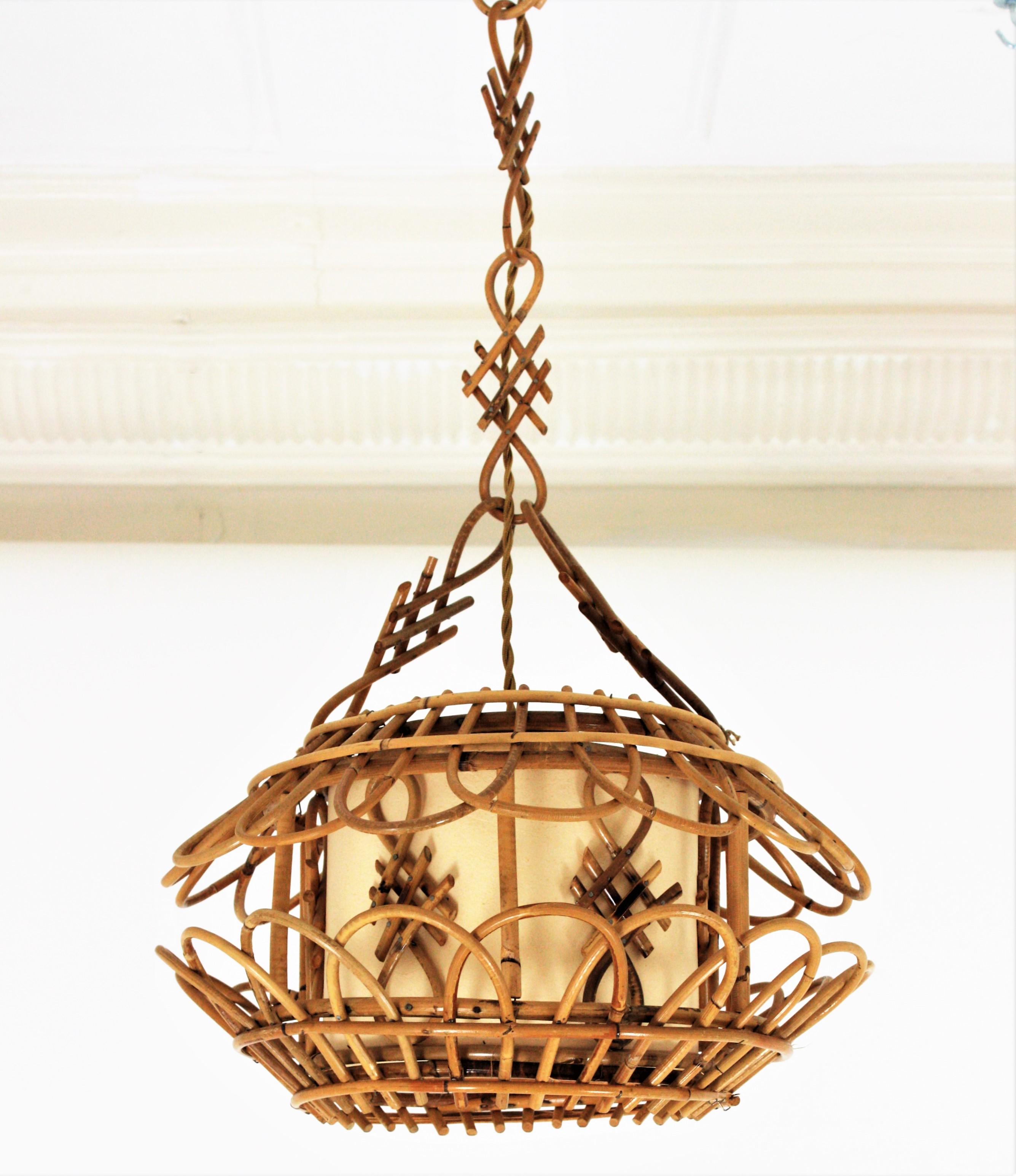 Hand-Crafted French Modernist Rattan Pagoda Pendant Lamp or Lantern with Chinoiserie Accents