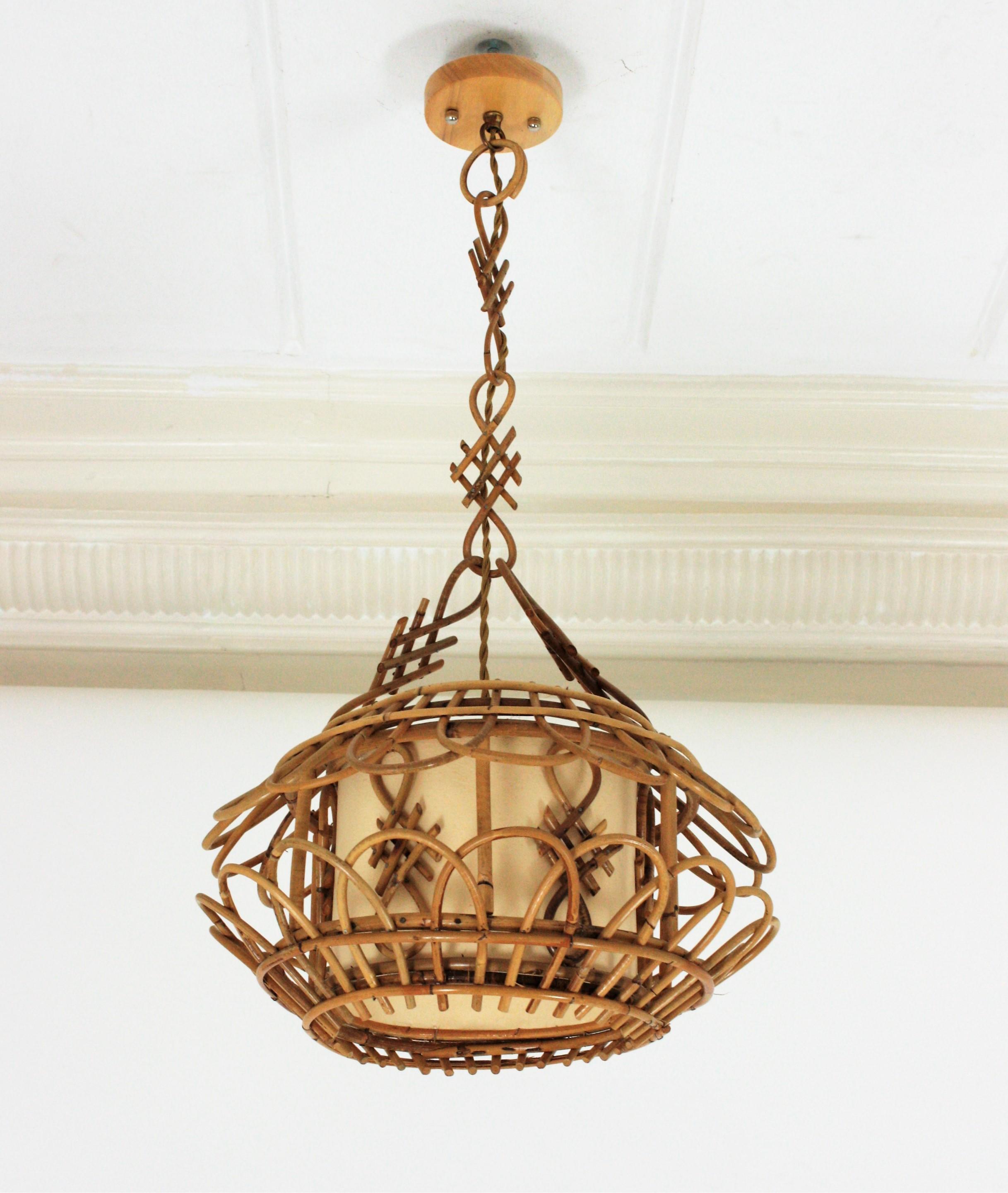 20th Century French Modernist Rattan Pagoda Pendant Lamp or Lantern with Chinoiserie Accents