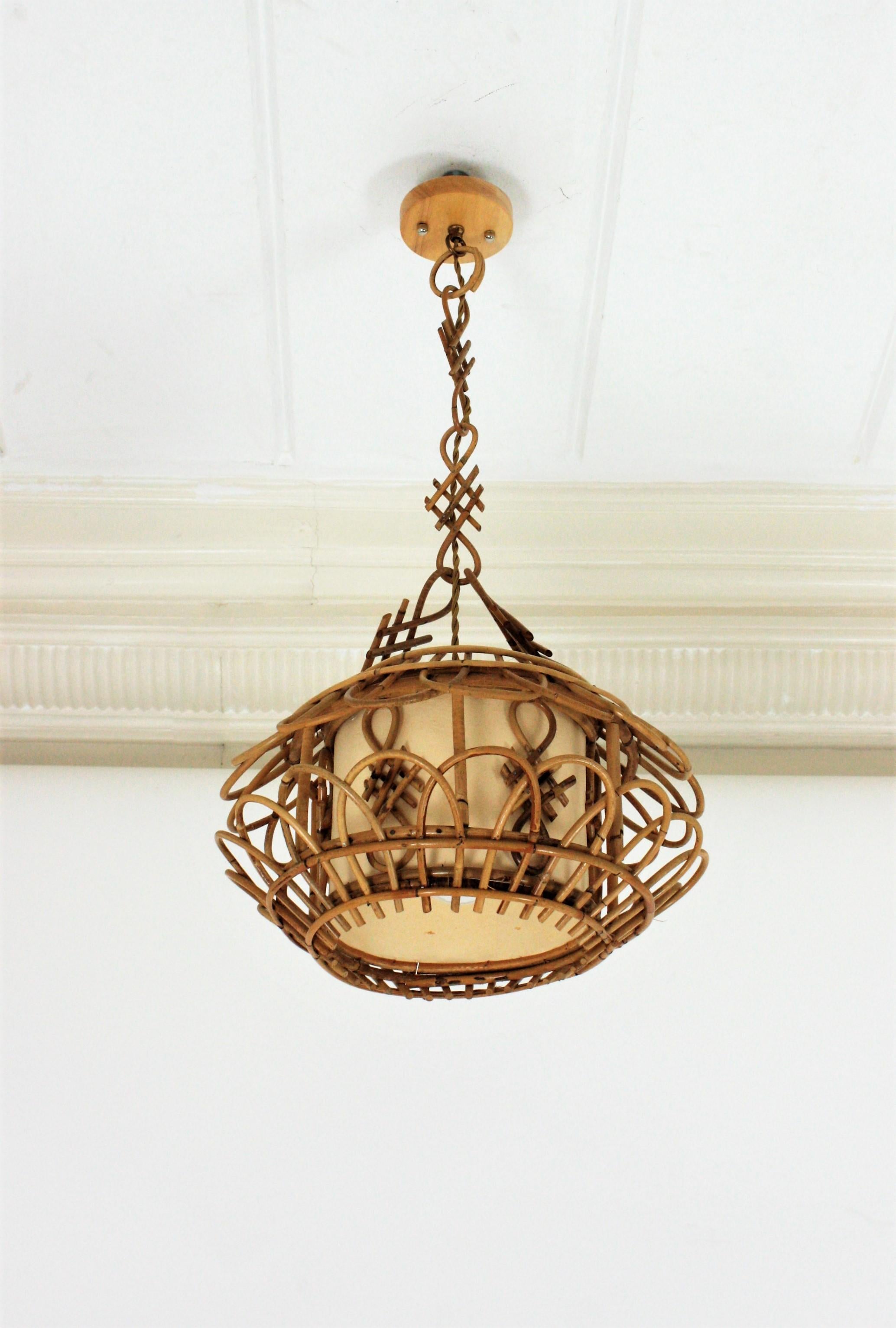 French Modernist Rattan Pagoda Pendant Lamp or Lantern with Chinoiserie Accents 1