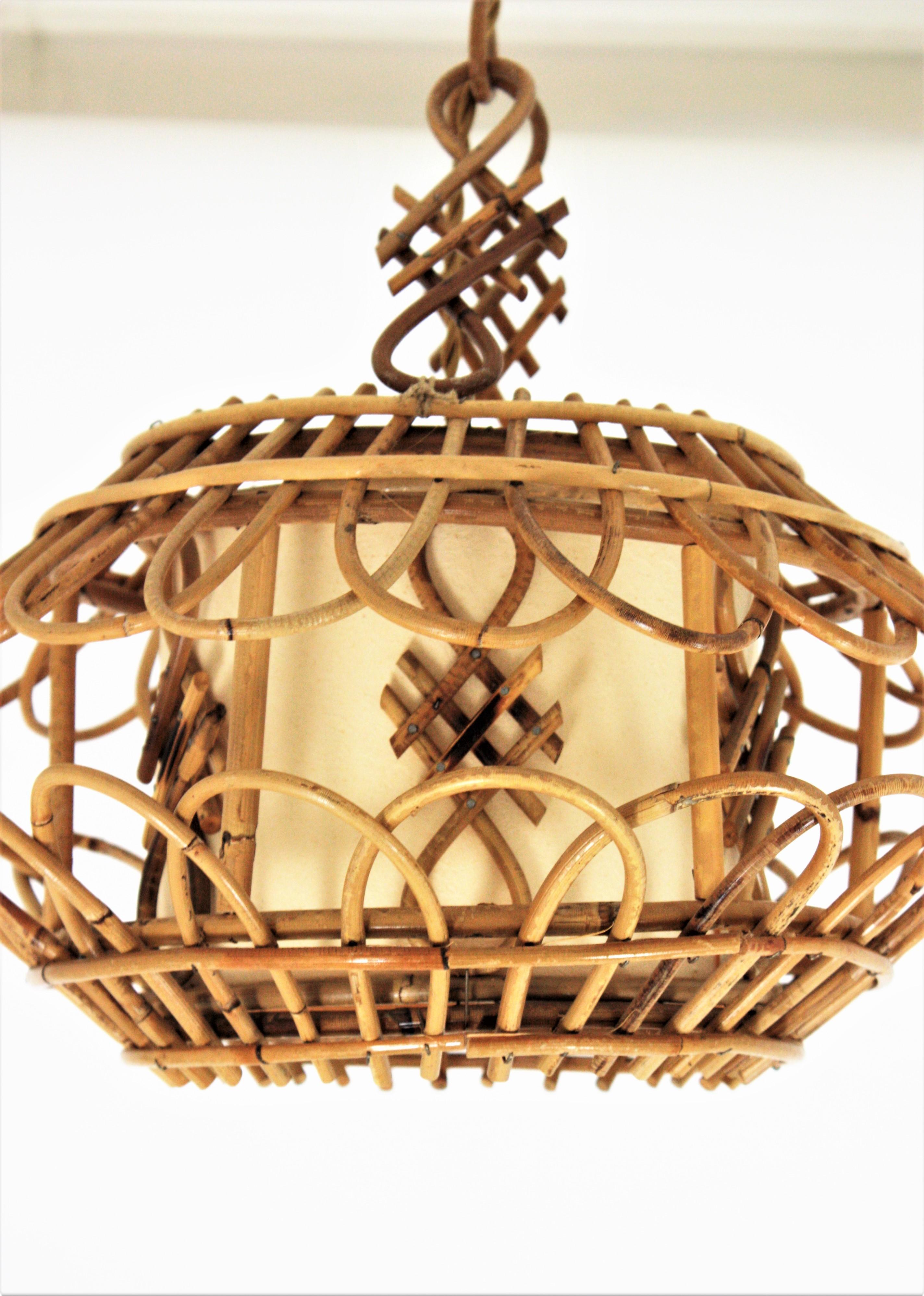 French Modernist Rattan Pagoda Pendant Lamp or Lantern with Chinoiserie Accents 2