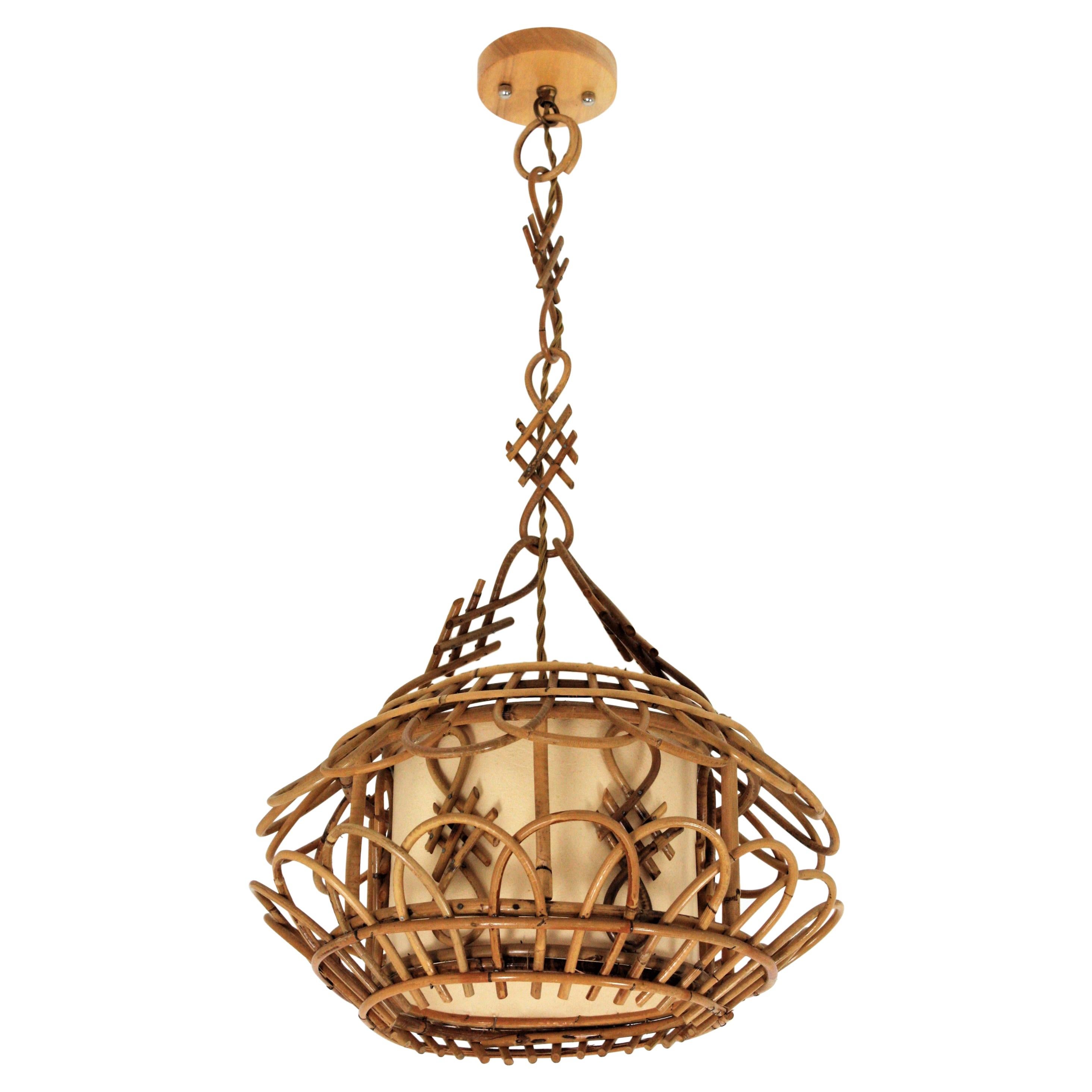 French Modernist Rattan Pagoda Pendant Lamp or Lantern with Chinoiserie Accents